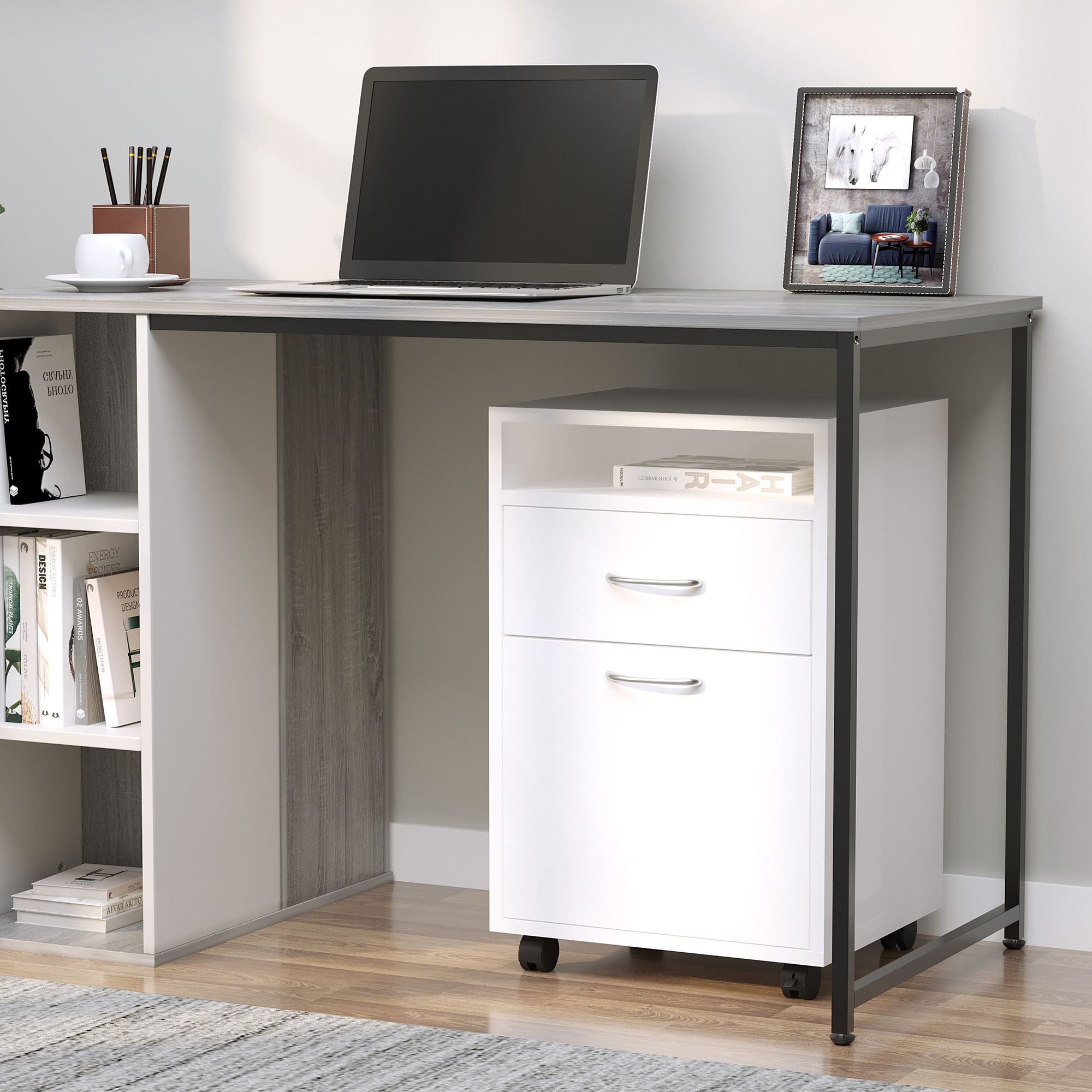 HOMCOM Mobile File Cabinet and Printer Stand with Casters, White