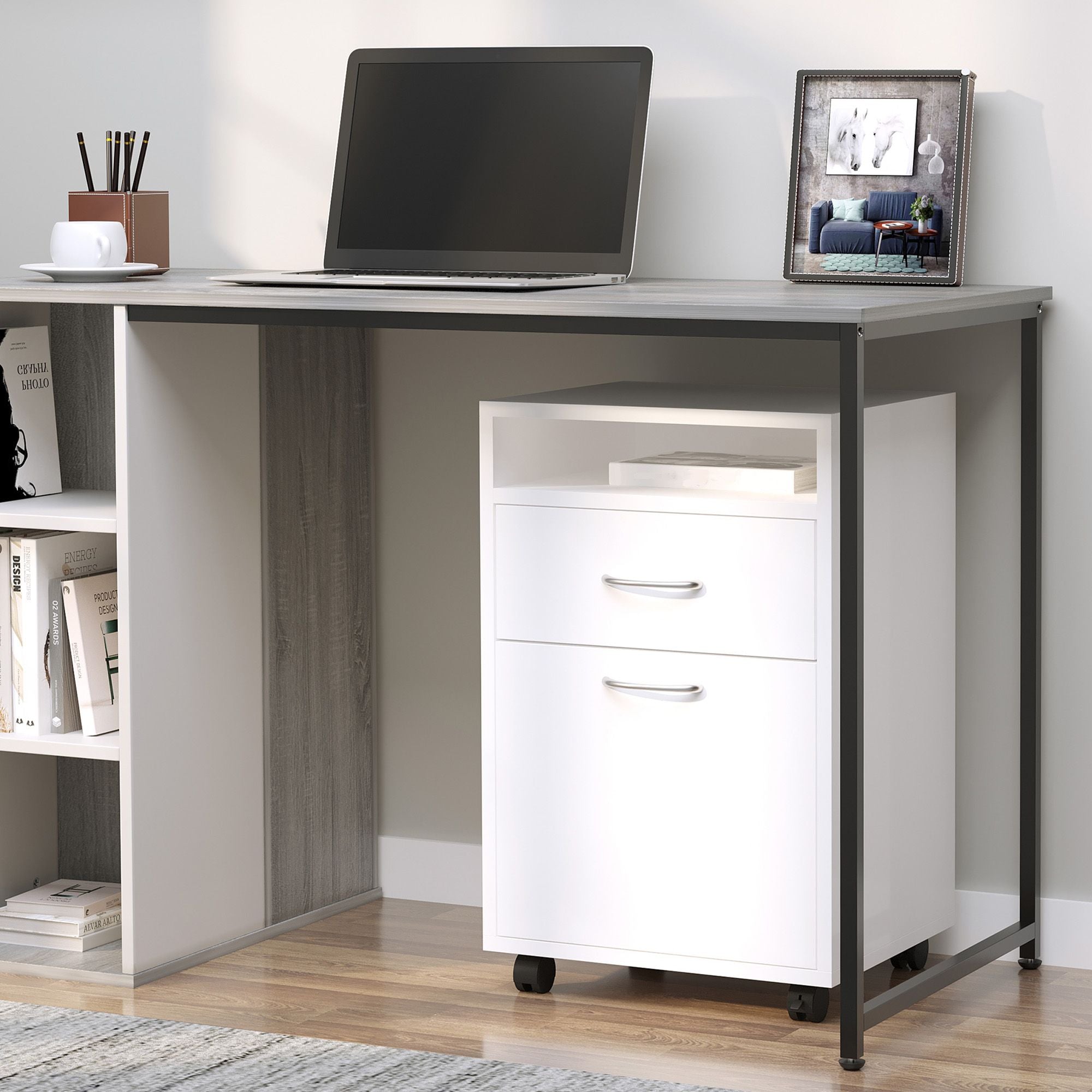 HOMCOM Mobile File Cabinet and Printer Stand with Casters, White