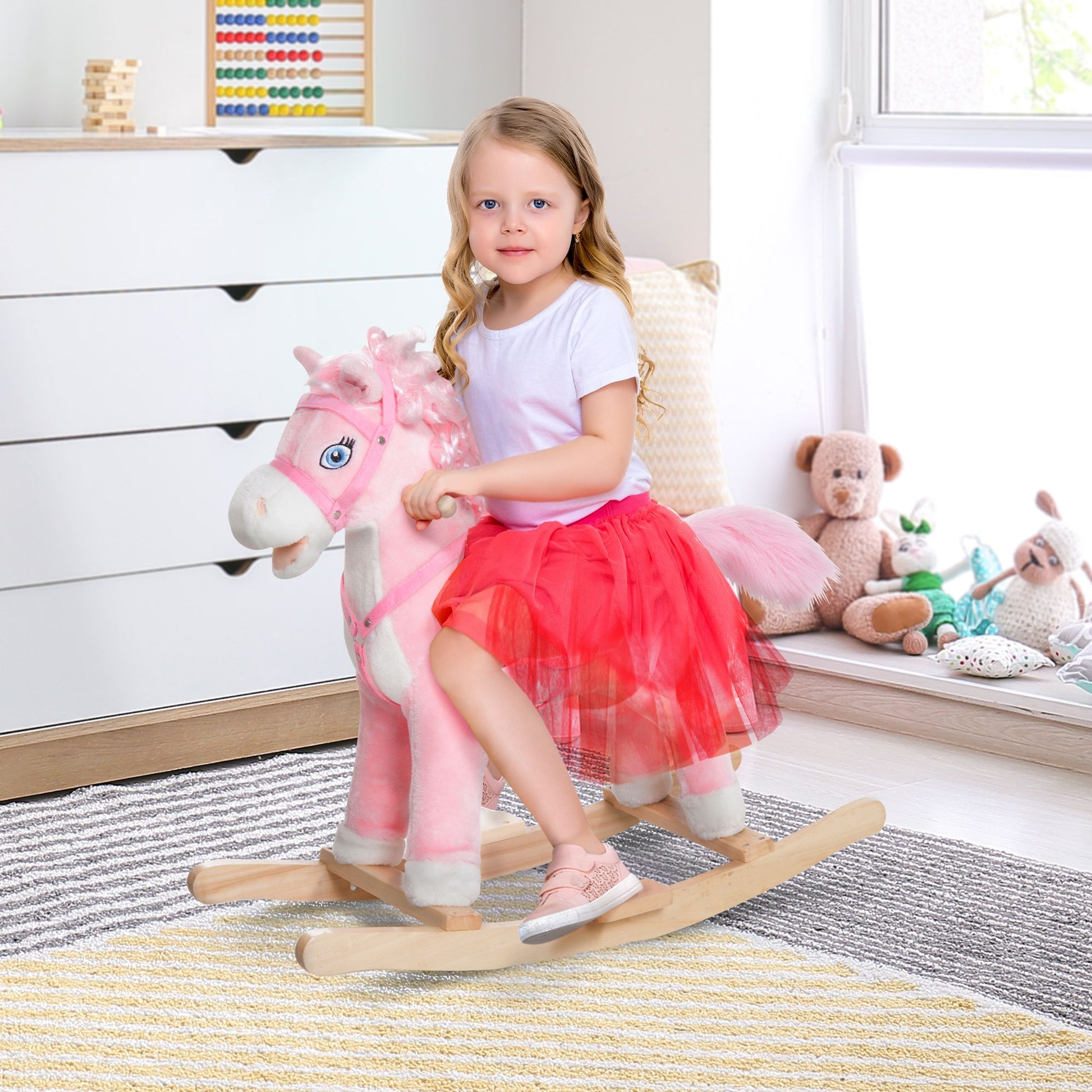 Qaba Plush Rocking Horse with Realistic Sounds and Moving Tail, Pink