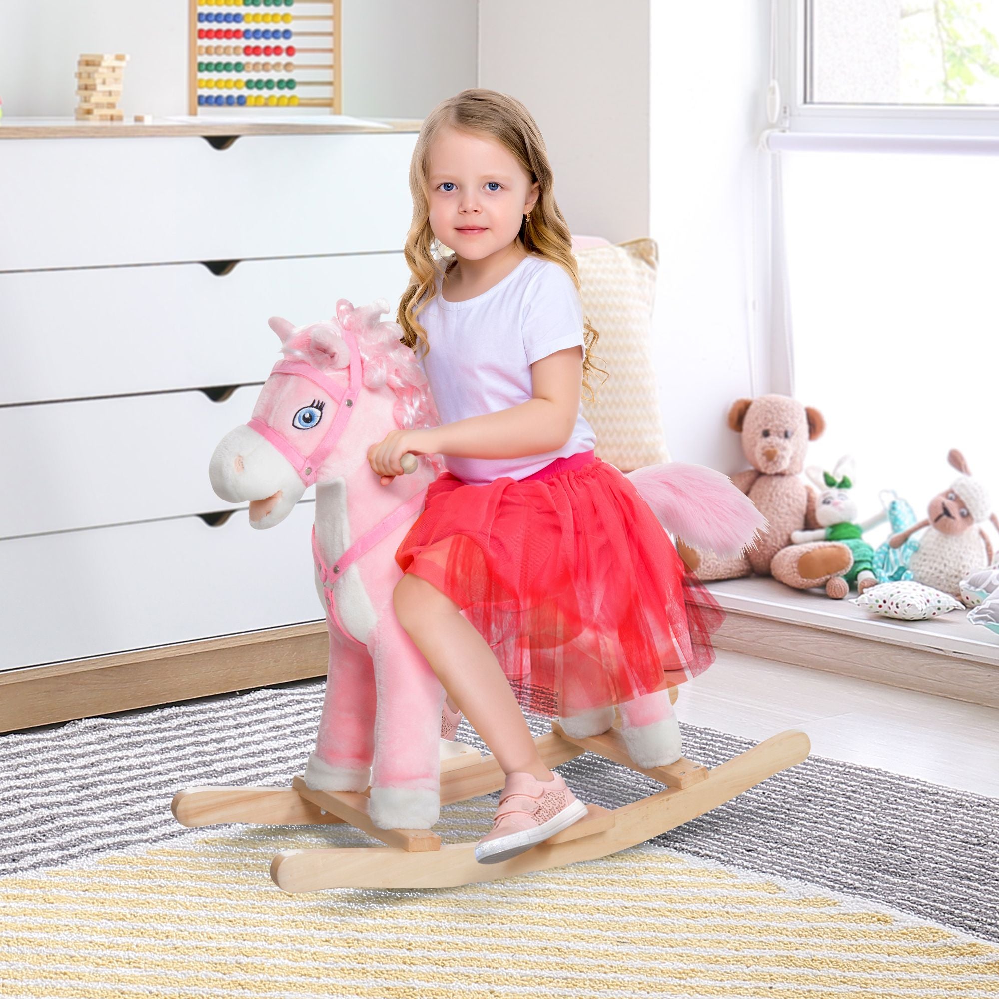 Qaba Plush Rocking Horse with Realistic Sounds and Moving Tail, Pink