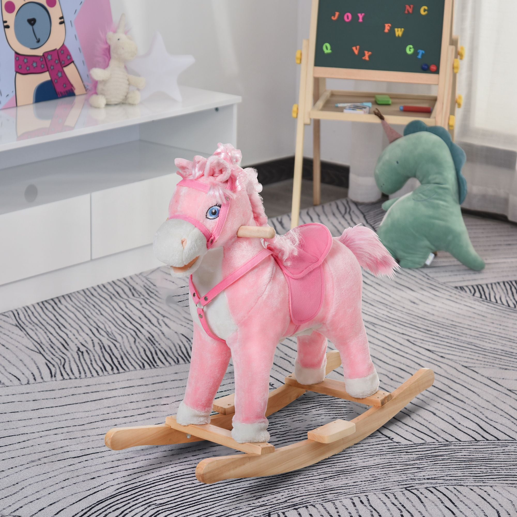 Qaba Plush Rocking Horse with Realistic Sounds and Moving Tail, Pink