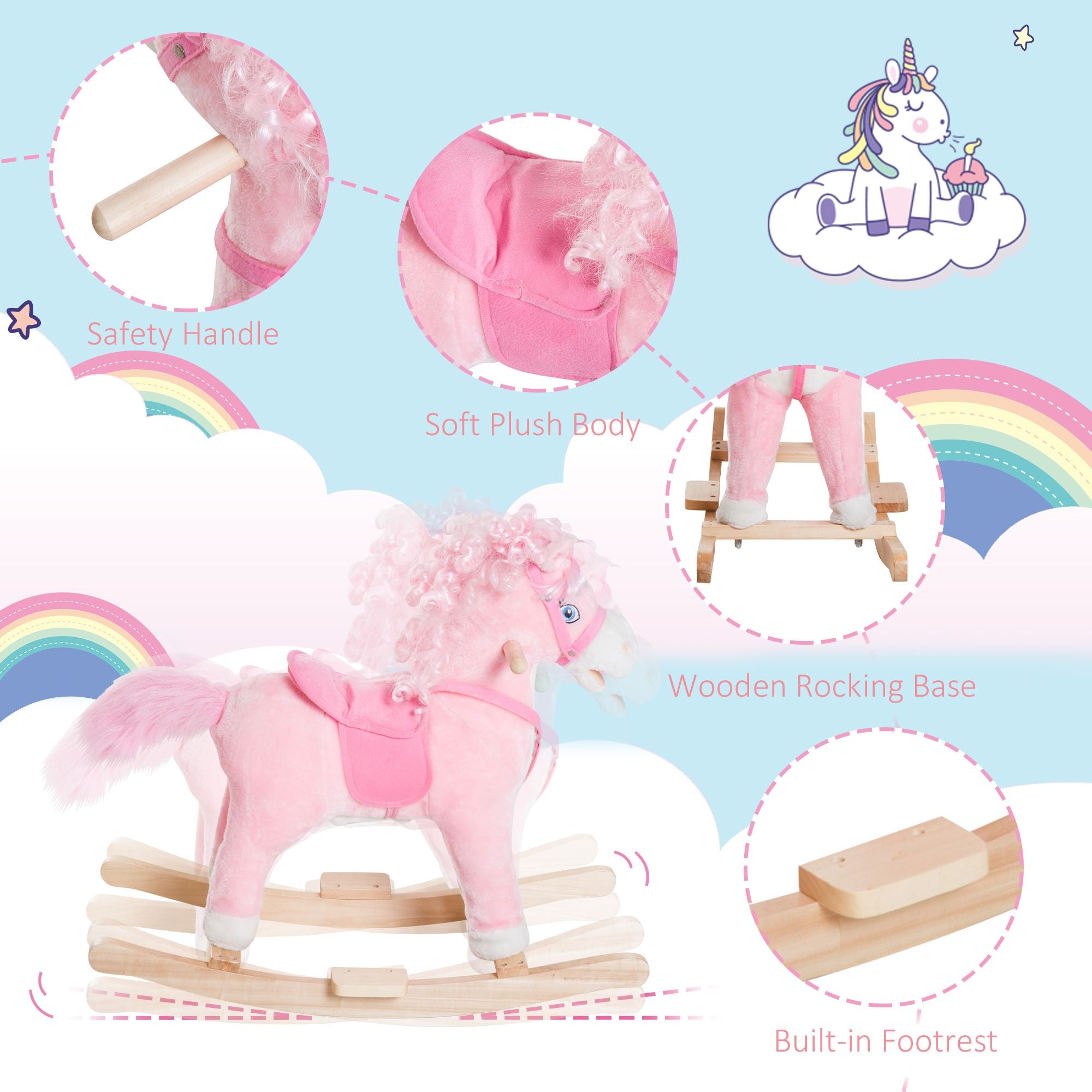 Qaba Plush Rocking Horse with Realistic Sounds and Moving Tail, Pink