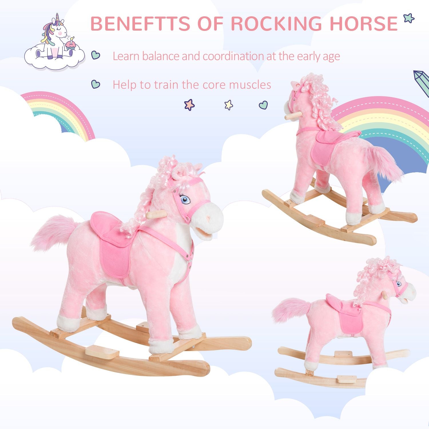 Qaba Plush Rocking Horse with Realistic Sounds and Moving Tail, Pink