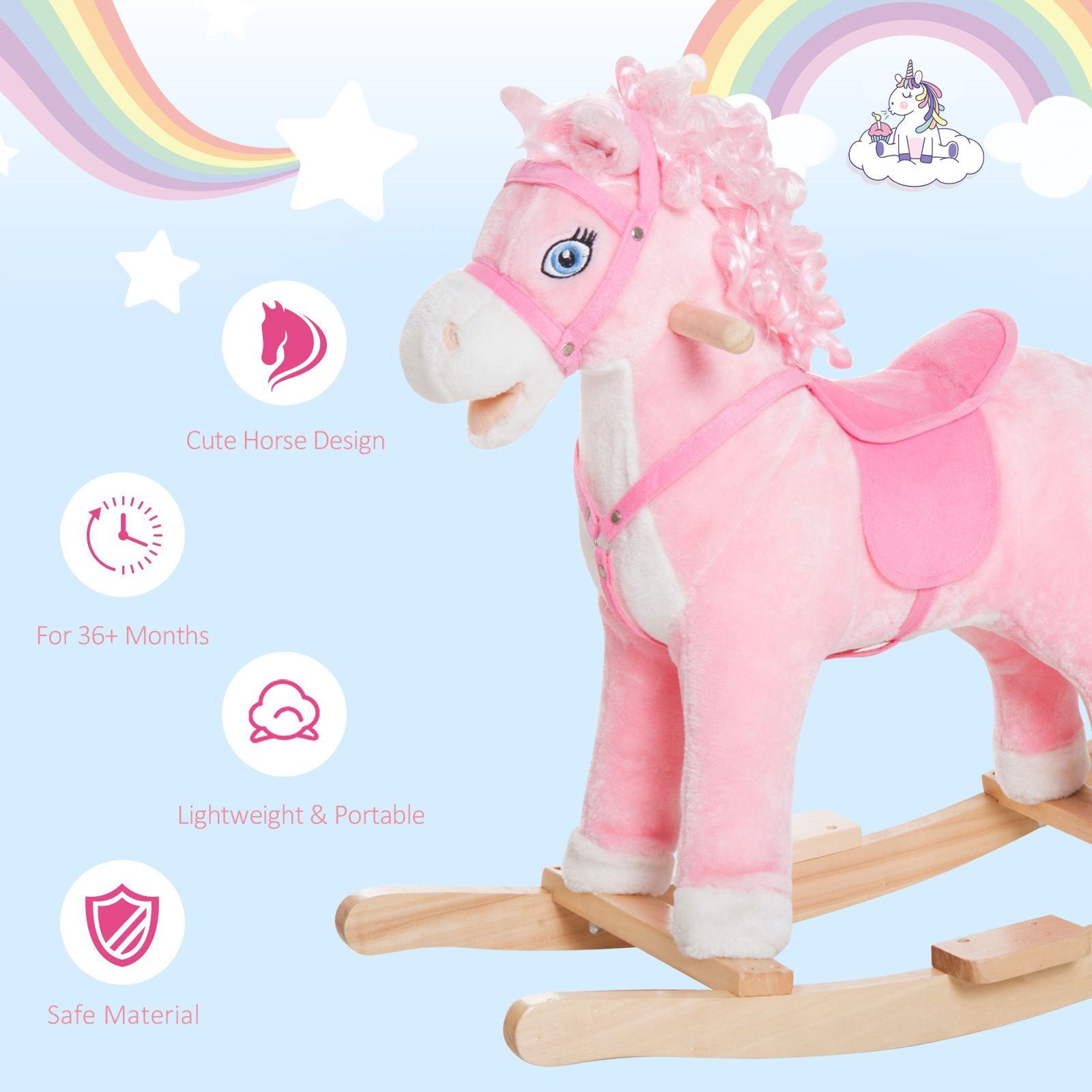 Qaba Plush Rocking Horse with Realistic Sounds and Moving Tail, Pink
