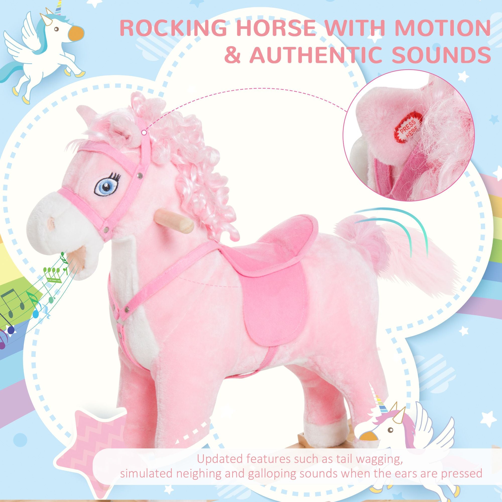 Qaba Plush Rocking Horse with Realistic Sounds and Moving Tail, Pink