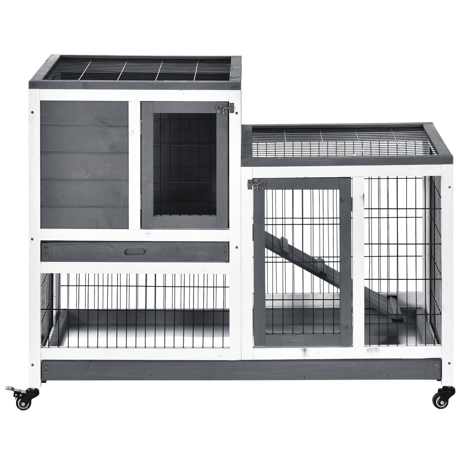 PawHut Elevated Rabbit Hutch with Wheels and Removable Tray, Gray