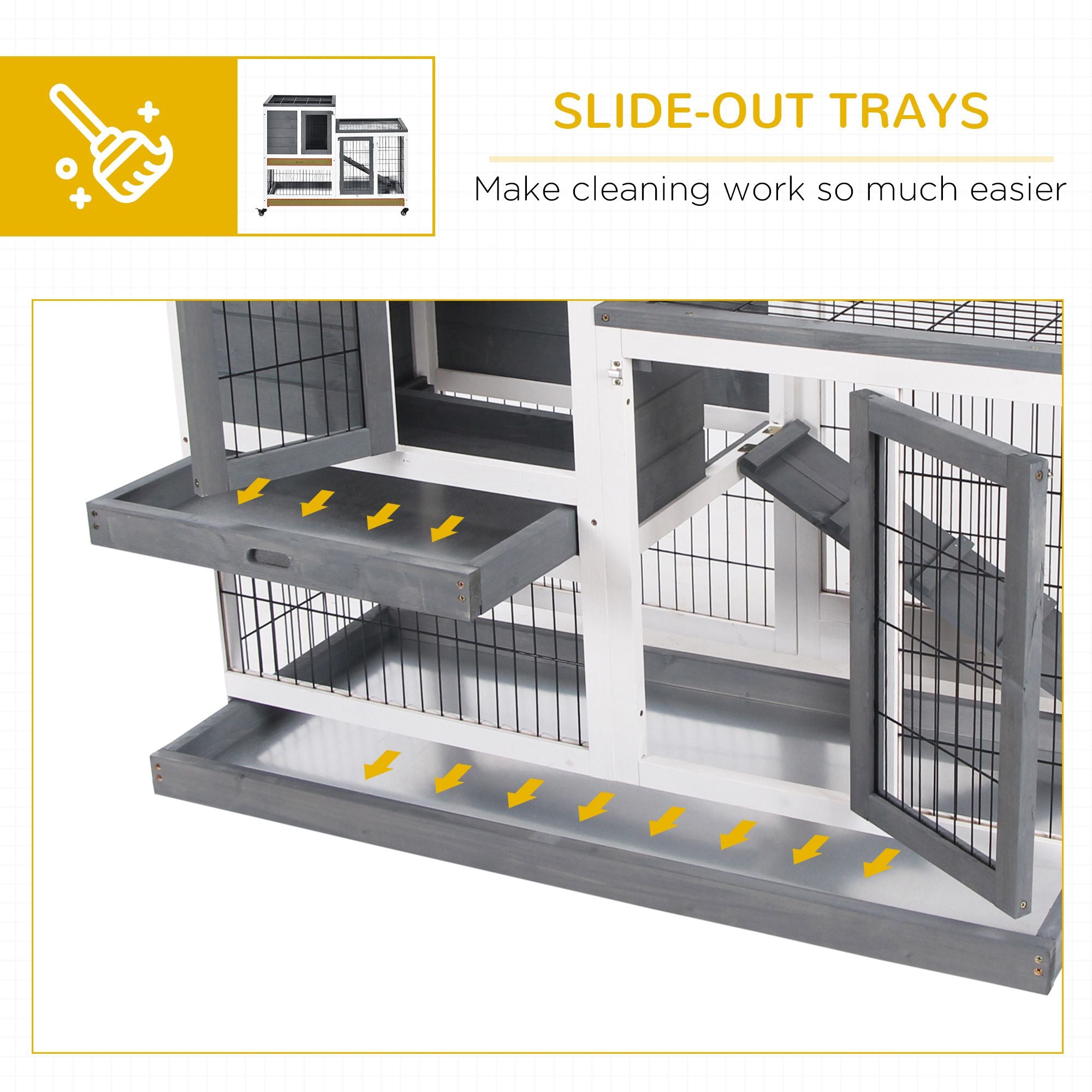 PawHut Elevated Rabbit Hutch with Wheels and Removable Tray, Gray