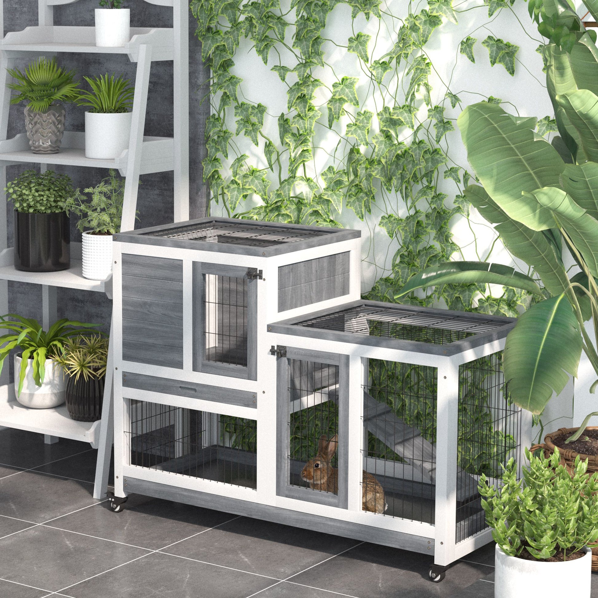 PawHut Elevated Rabbit Hutch with Wheels and Removable Tray, Gray