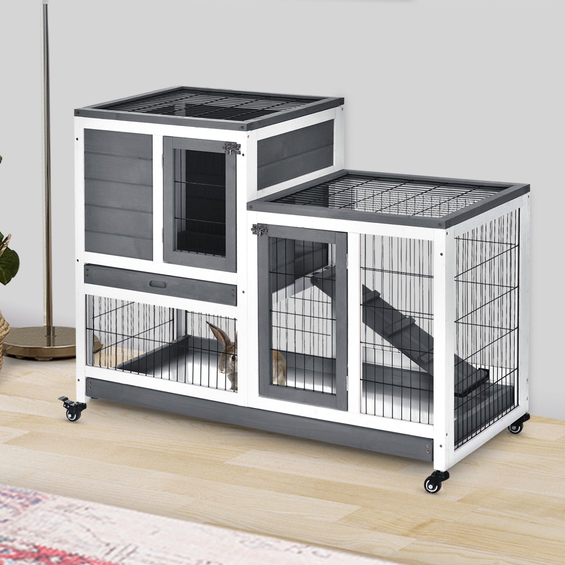 PawHut Elevated Rabbit Hutch with Wheels and Removable Tray, Gray