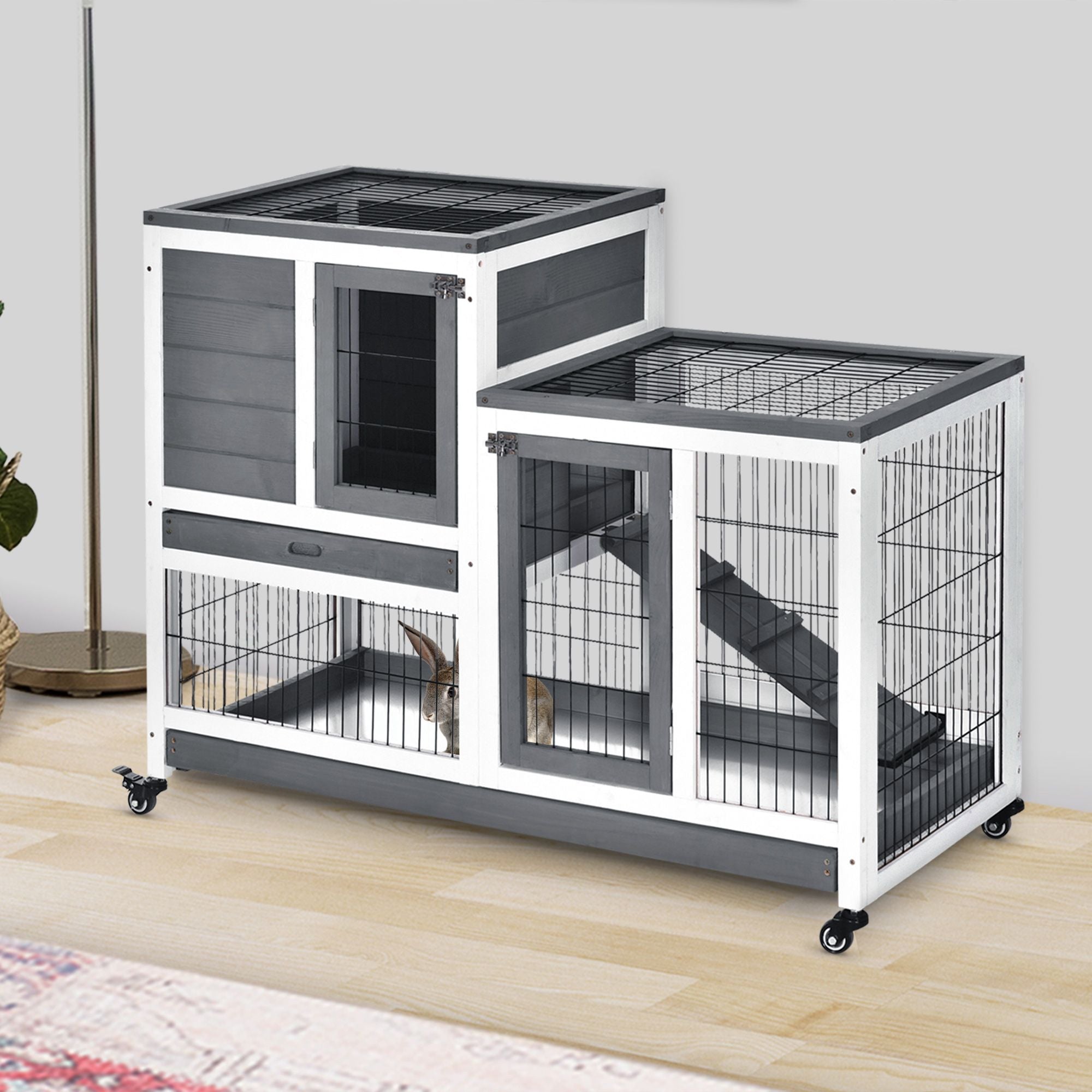 PawHut Elevated Rabbit Hutch with Wheels and Removable Tray, Gray