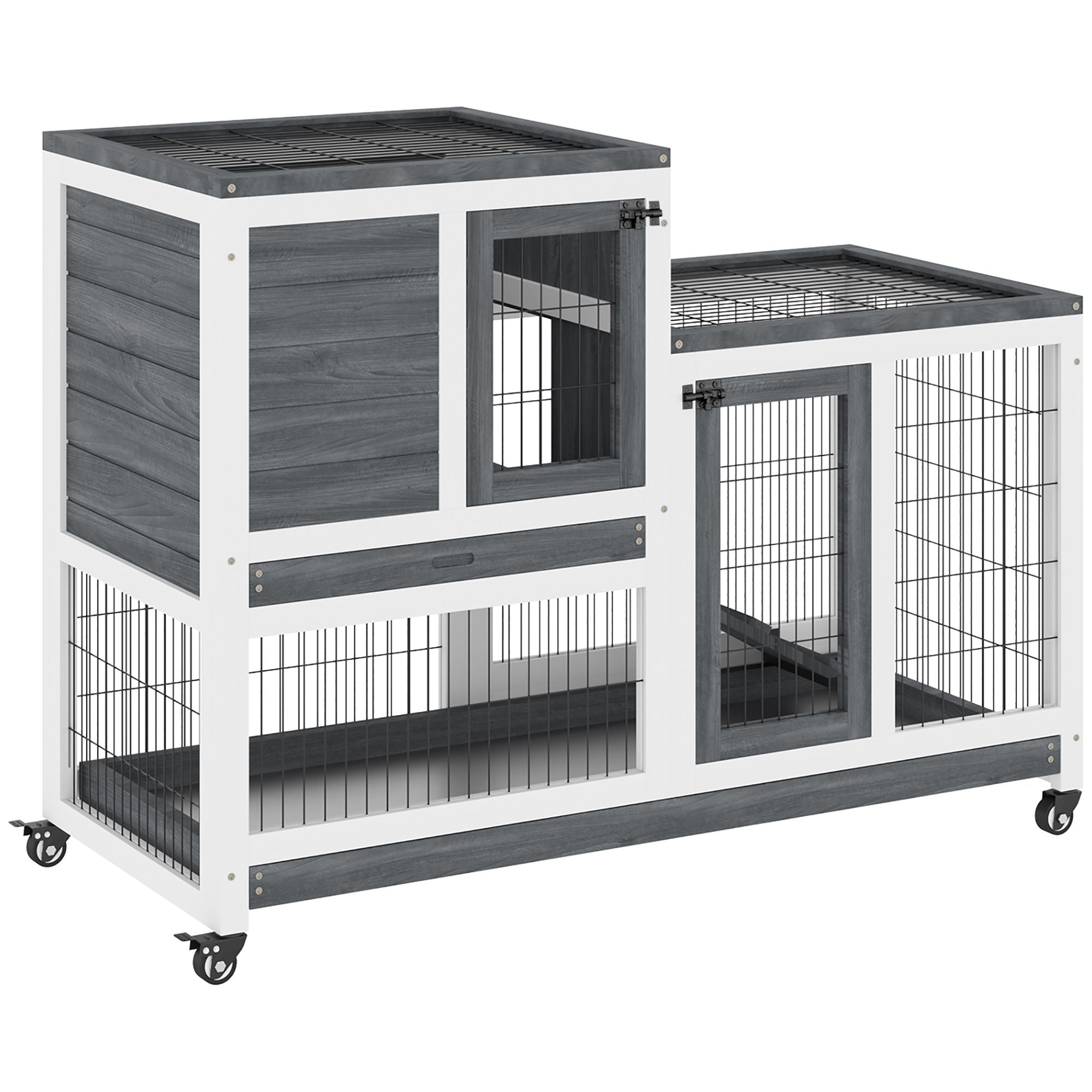 PawHut Elevated Rabbit Hutch with Wheels and Removable Tray, Gray