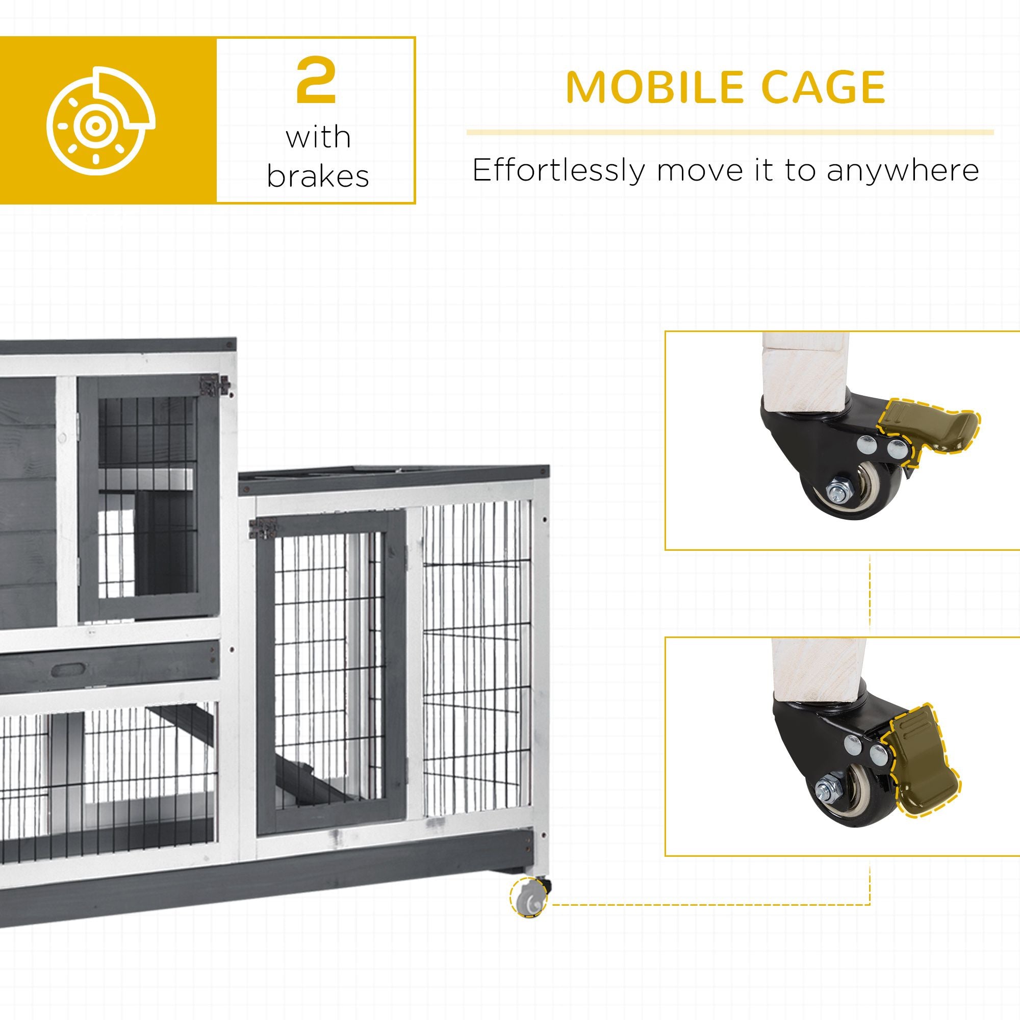 PawHut Elevated Rabbit Hutch with Wheels and Removable Tray, Gray
