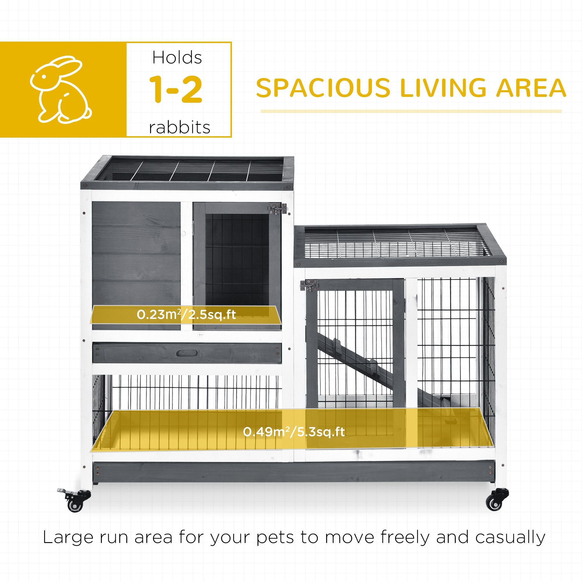 PawHut Elevated Rabbit Hutch with Wheels and Removable Tray, Gray