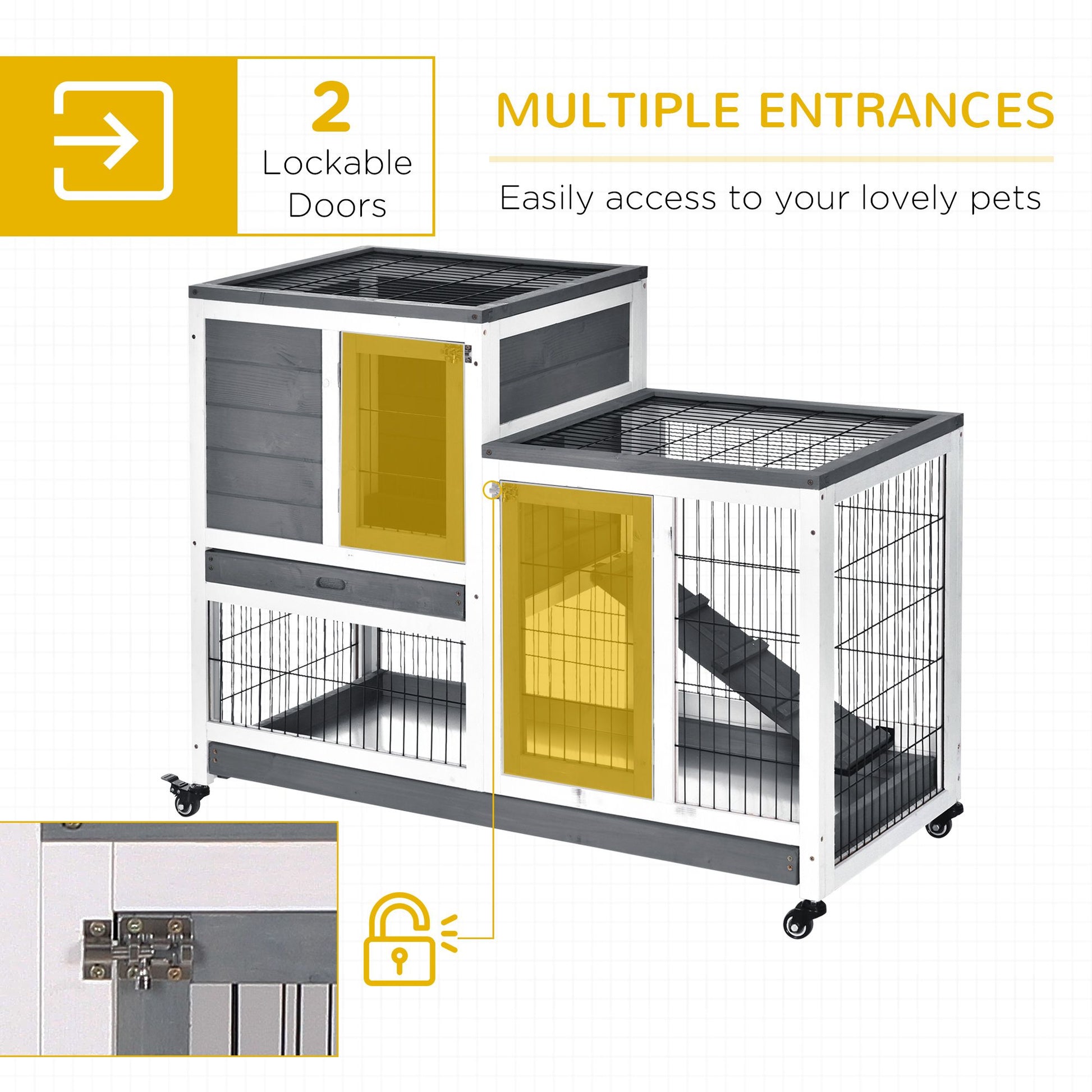 PawHut Elevated Rabbit Hutch with Wheels and Removable Tray, Gray