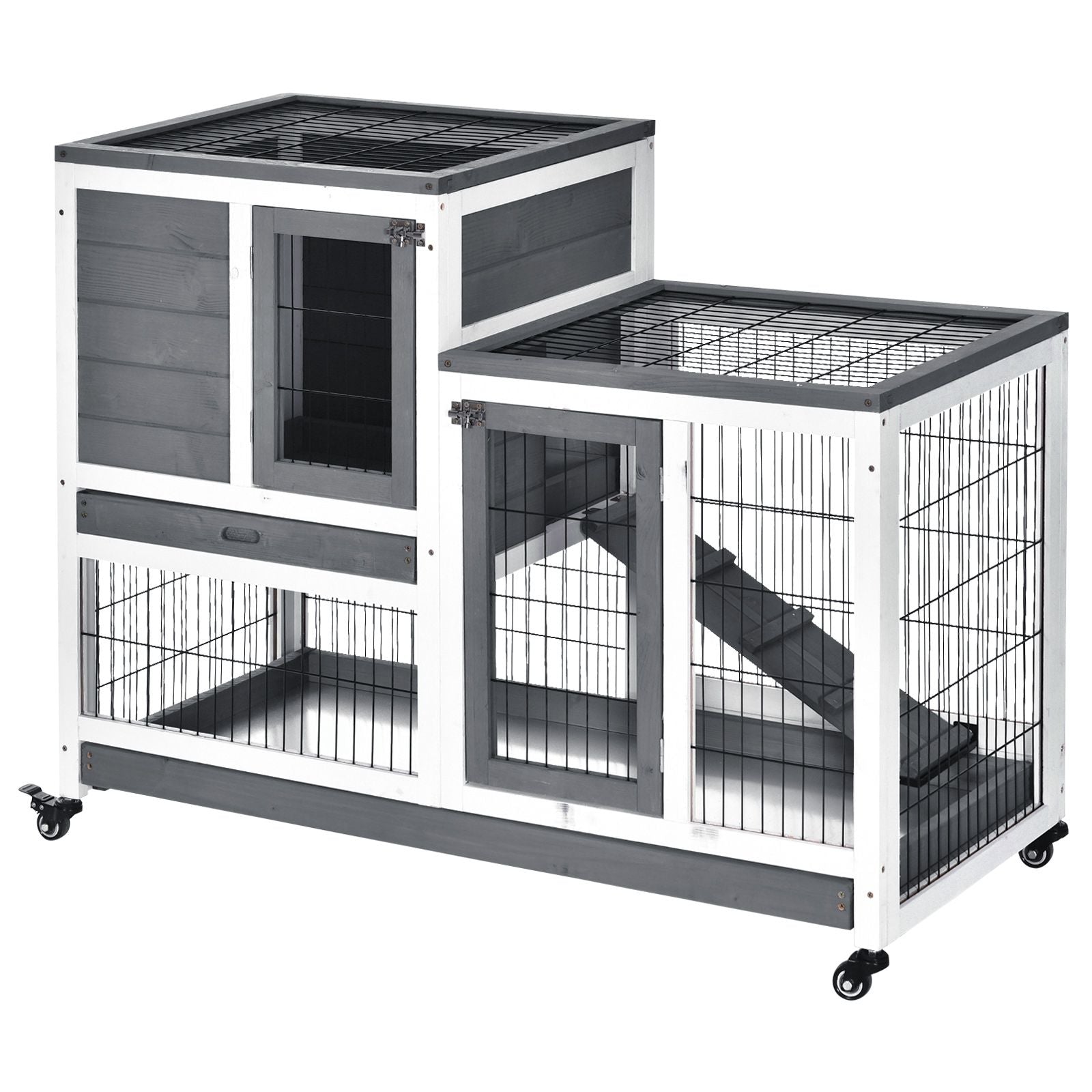 PawHut Elevated Rabbit Hutch with Wheels and Removable Tray, Gray