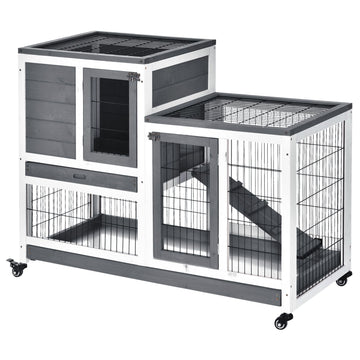 PawHut Elevated Rabbit Hutch with Wheels and Removable Tray, Gray