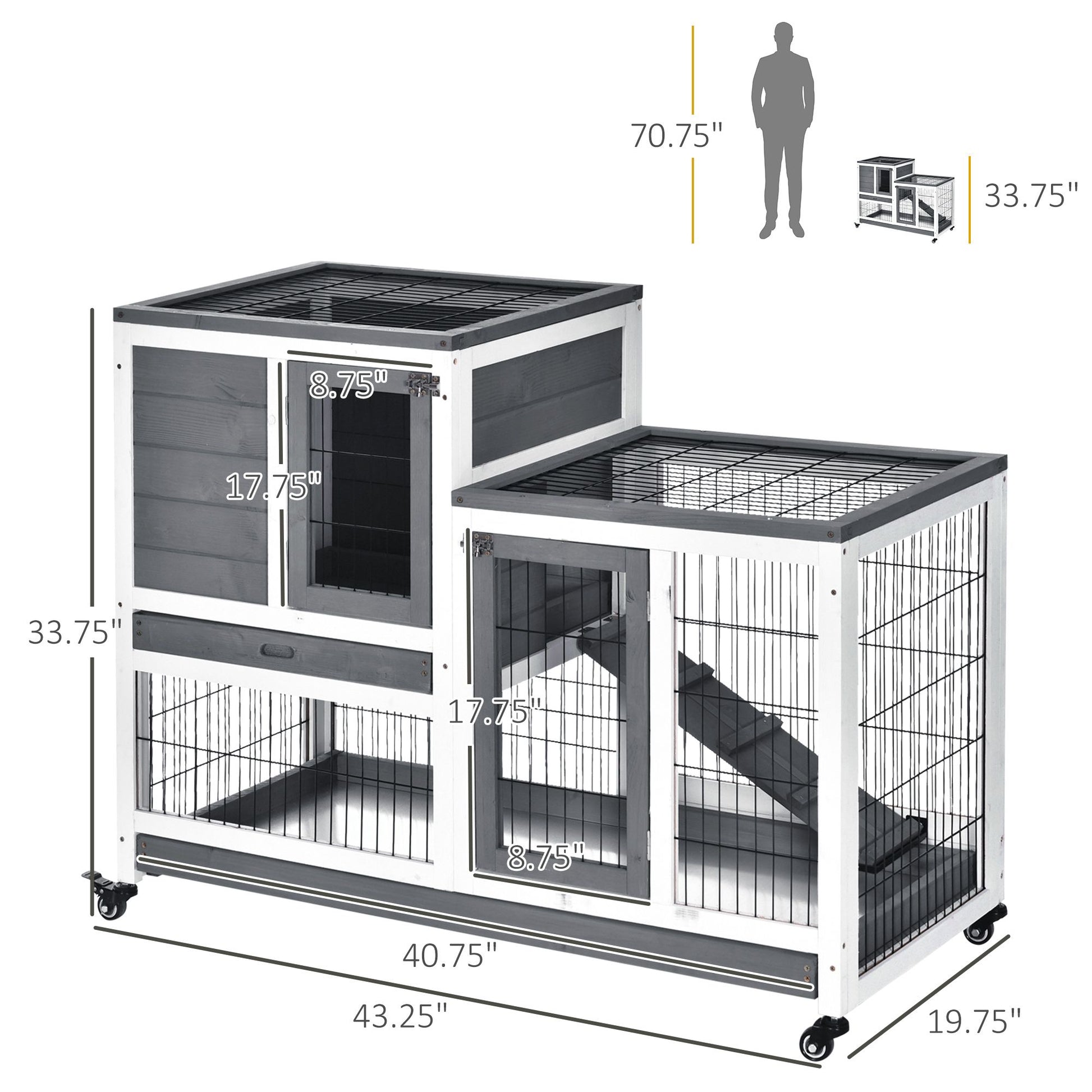 PawHut Elevated Rabbit Hutch with Wheels and Removable Tray, Gray