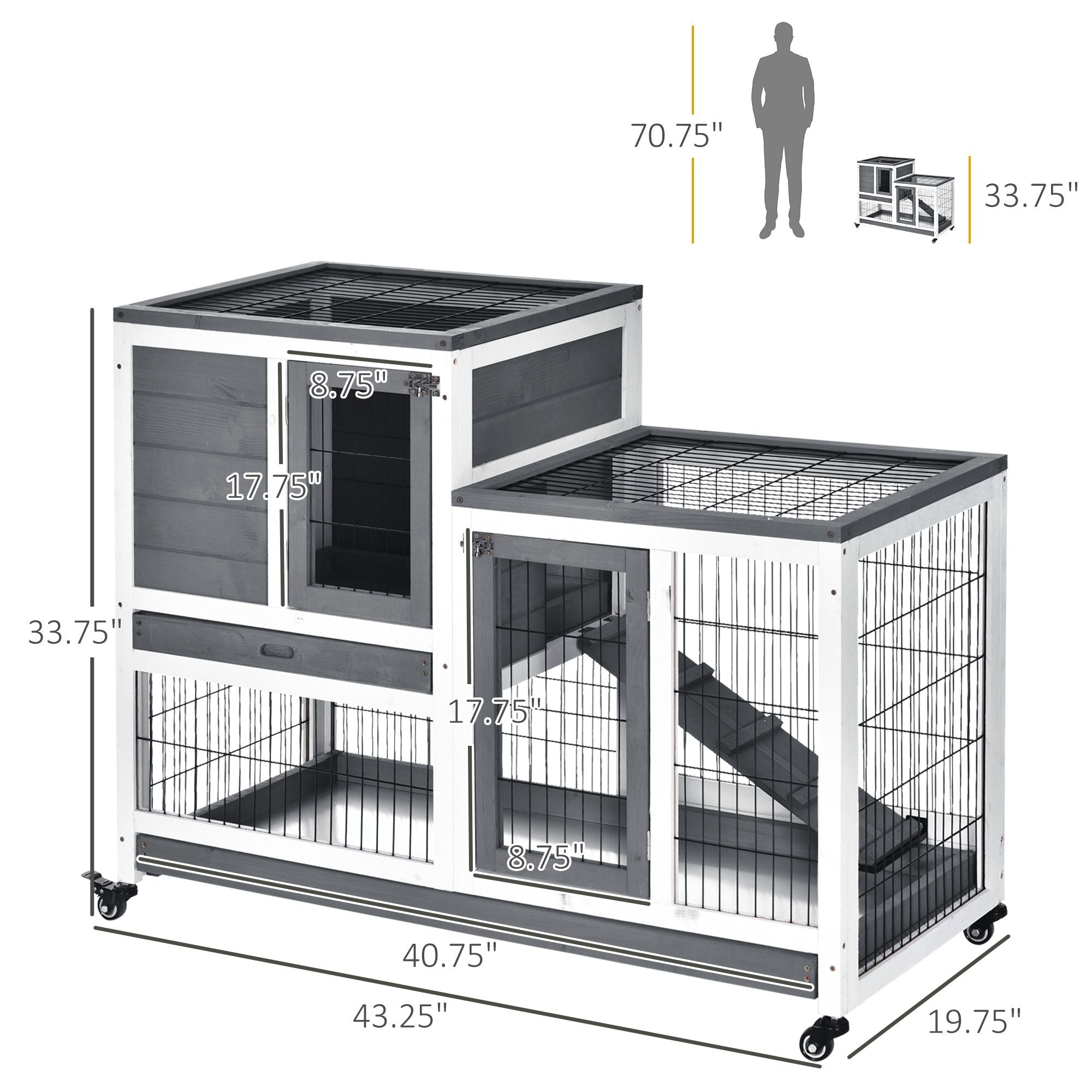 PawHut Elevated Rabbit Hutch with Wheels and Removable Tray, Gray
