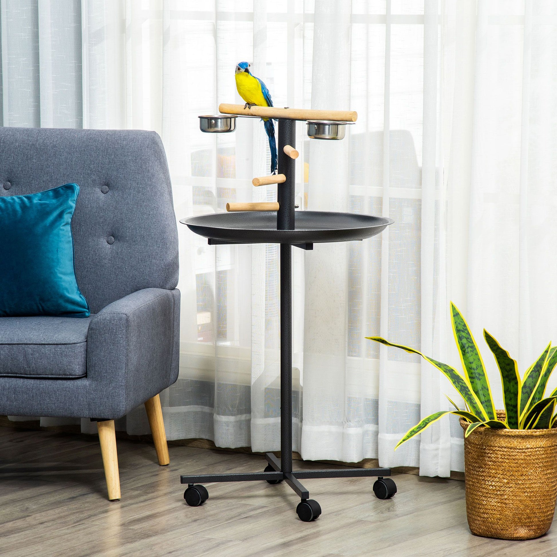 PawHut Portable Parrot Perch Play Stand with Wheels and Bowls