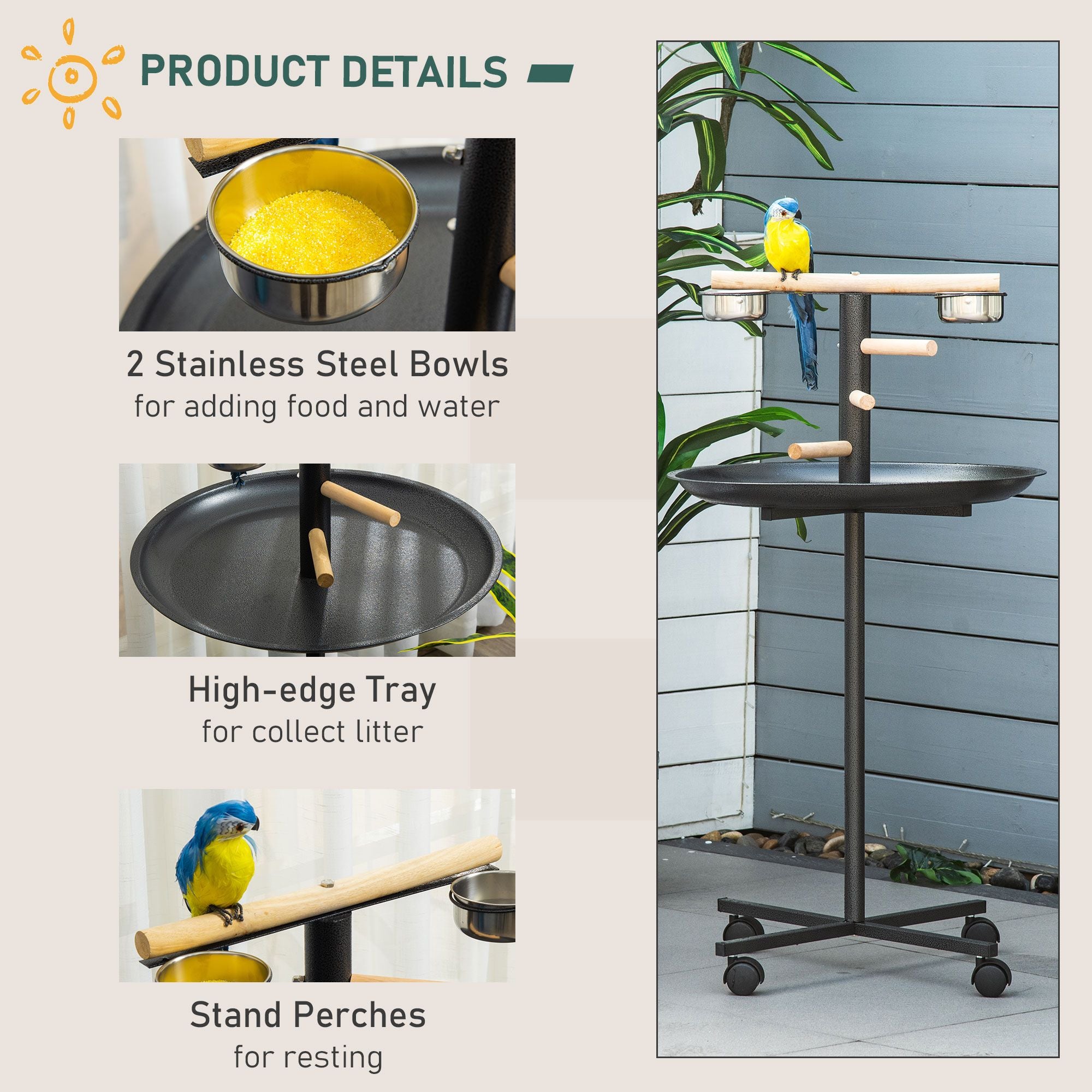 PawHut Portable Parrot Perch Play Stand with Wheels and Bowls