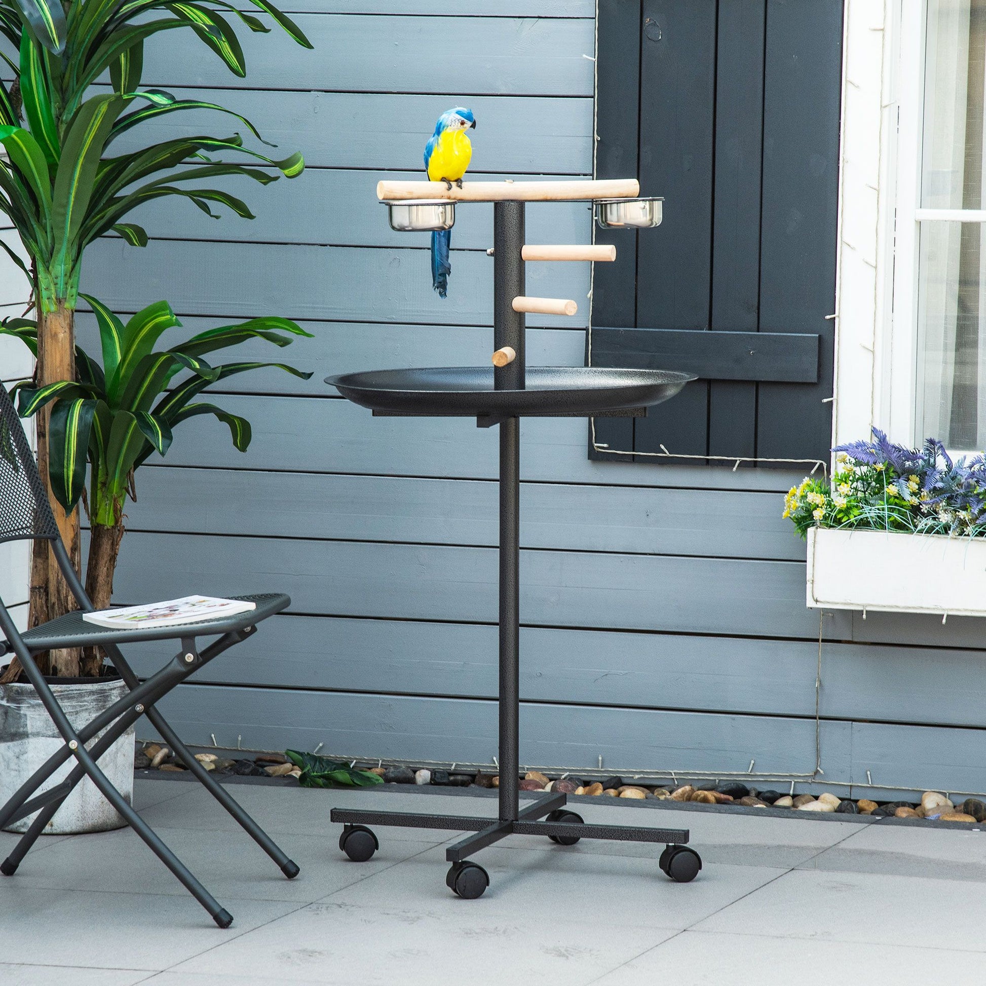 PawHut Portable Parrot Perch Play Stand with Wheels and Bowls