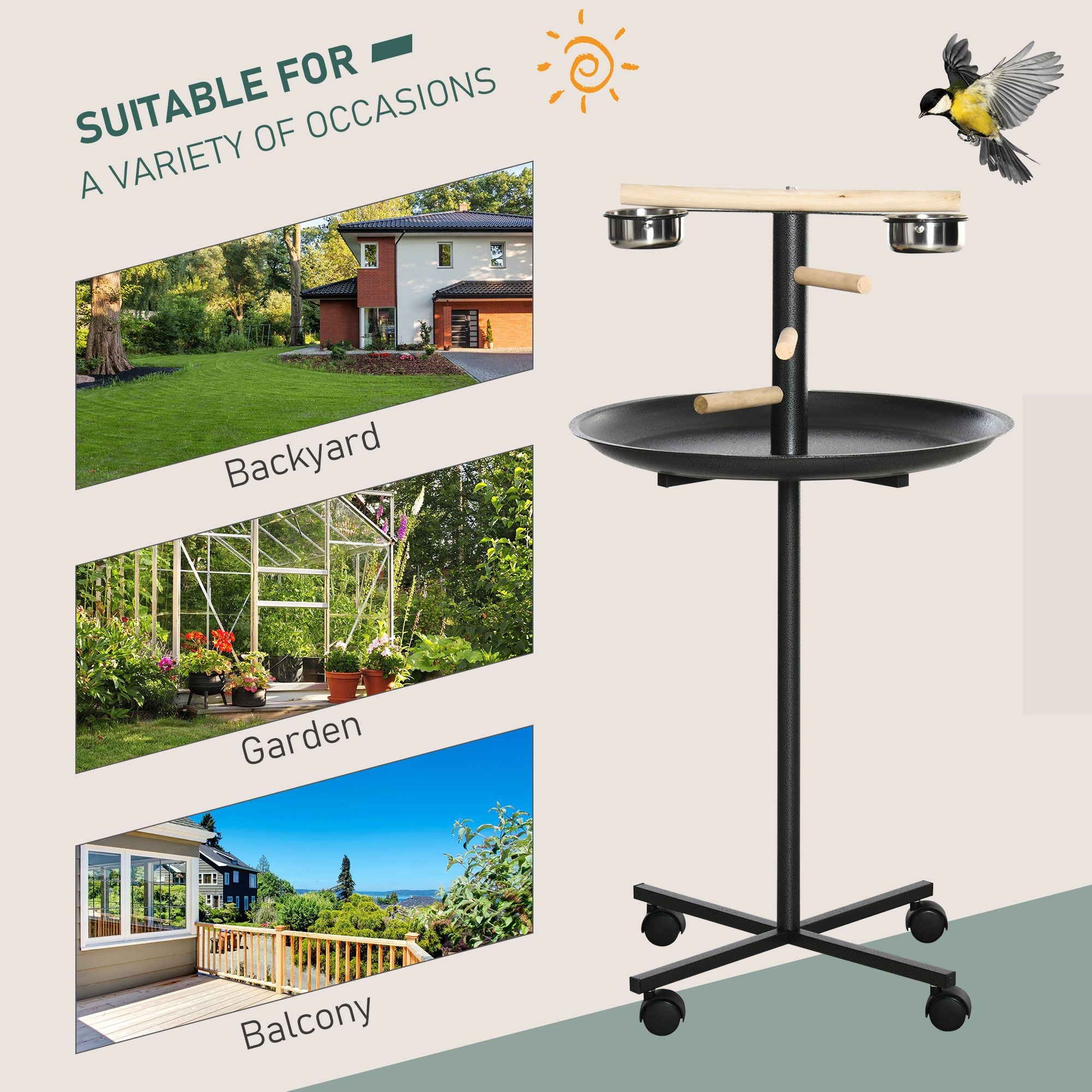 PawHut Portable Parrot Perch Play Stand with Wheels and Bowls