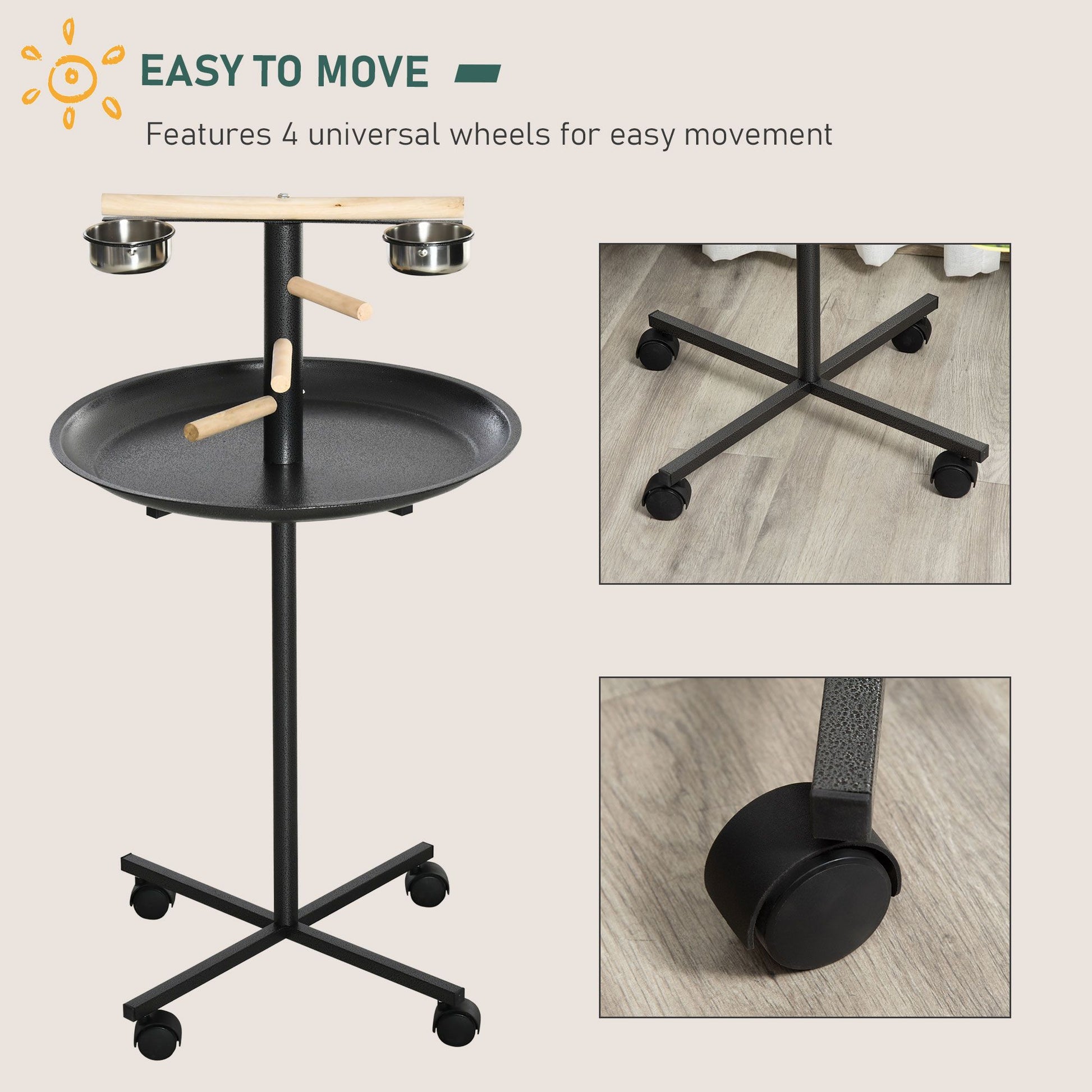 PawHut Portable Parrot Perch Play Stand with Wheels and Bowls
