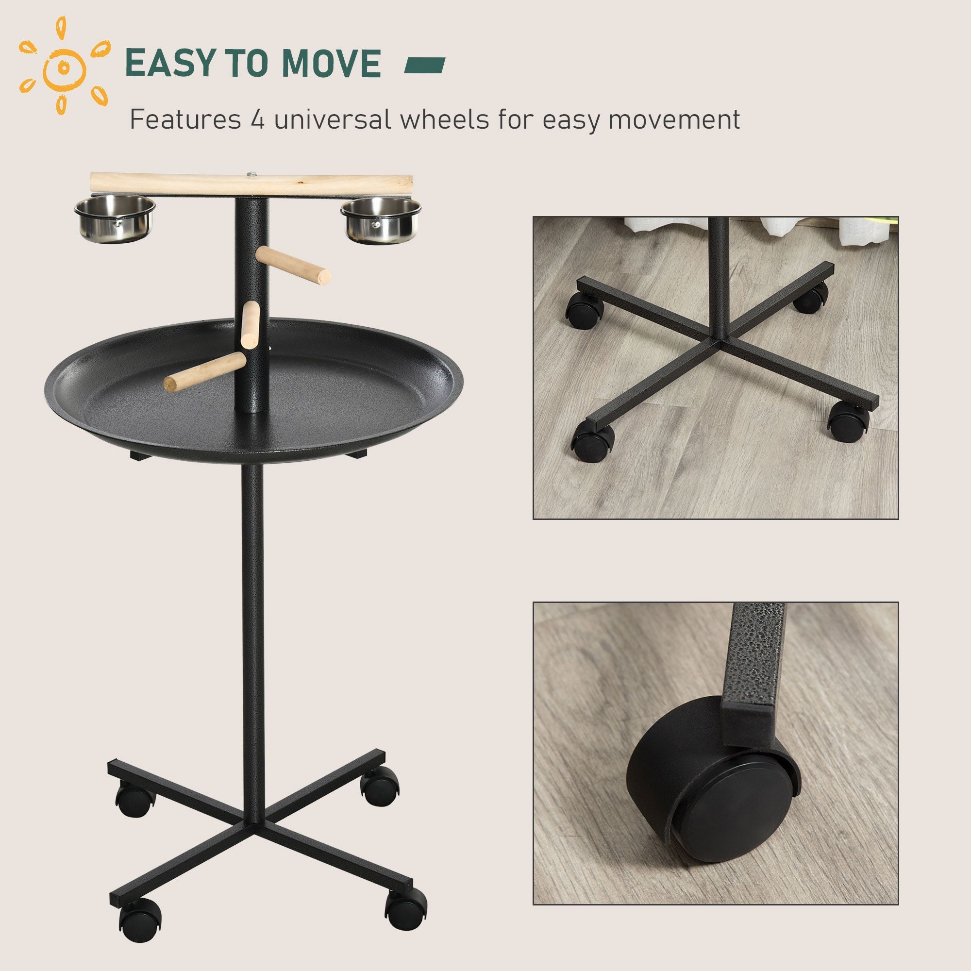 PawHut Portable Parrot Perch Play Stand with Wheels and Bowls
