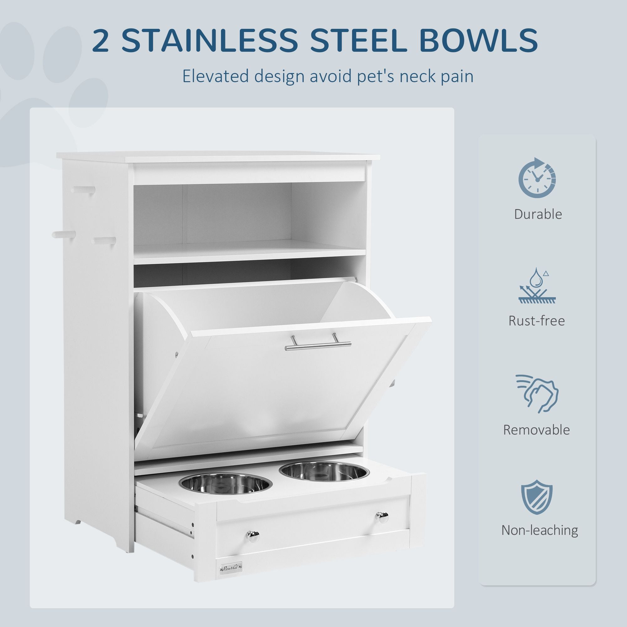 PawHut Pet Feeder Station with Storage and 2 Raised Bowls, White