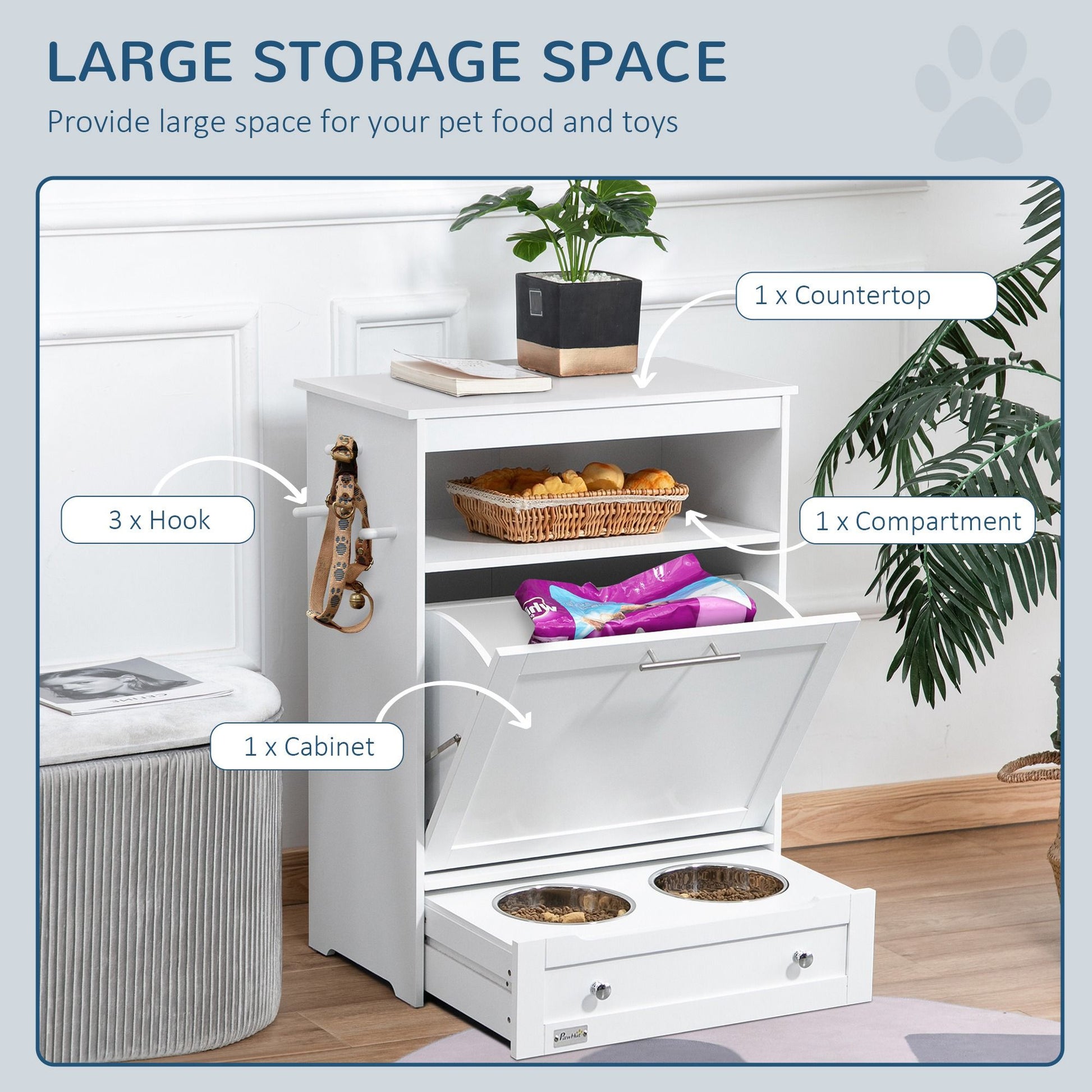 PawHut Pet Feeder Station with Storage and 2 Raised Bowls, White