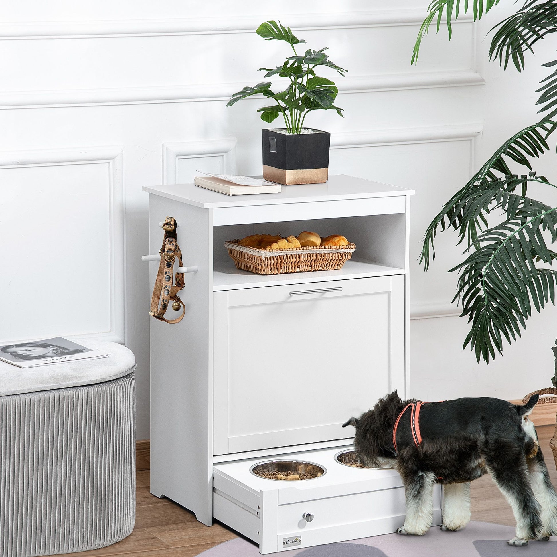 PawHut Pet Feeder Station with Storage and 2 Raised Bowls, White