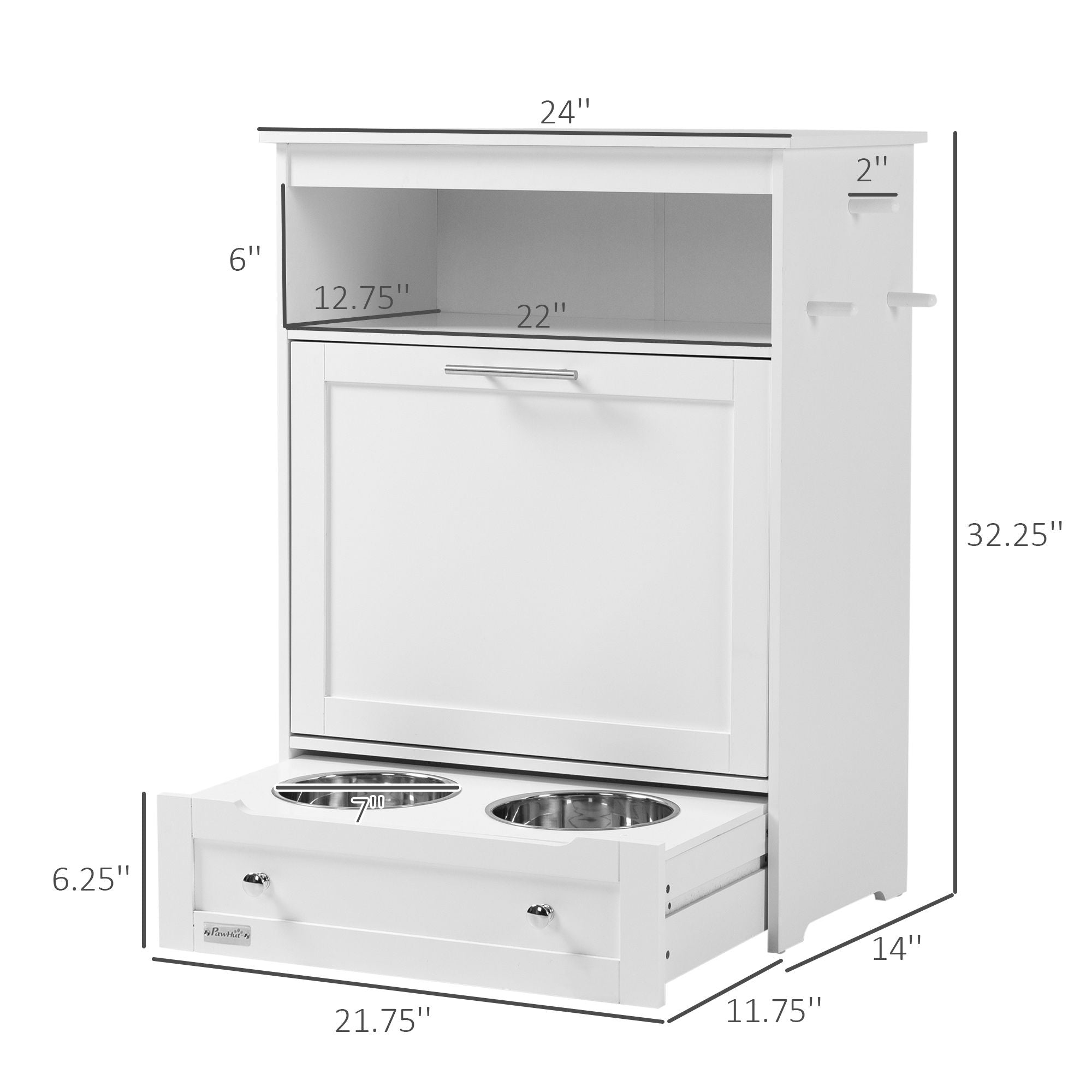 PawHut Pet Feeder Station with Storage and 2 Raised Bowls, White