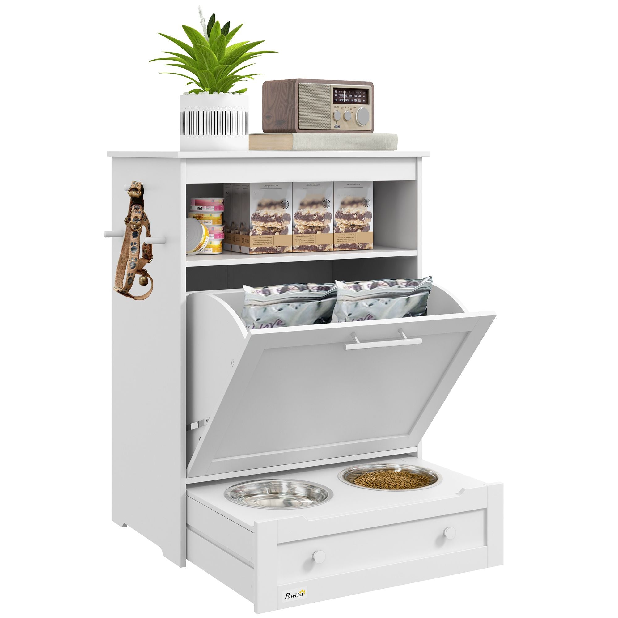 PawHut Pet Feeder Station with Storage and 2 Raised Bowls, White