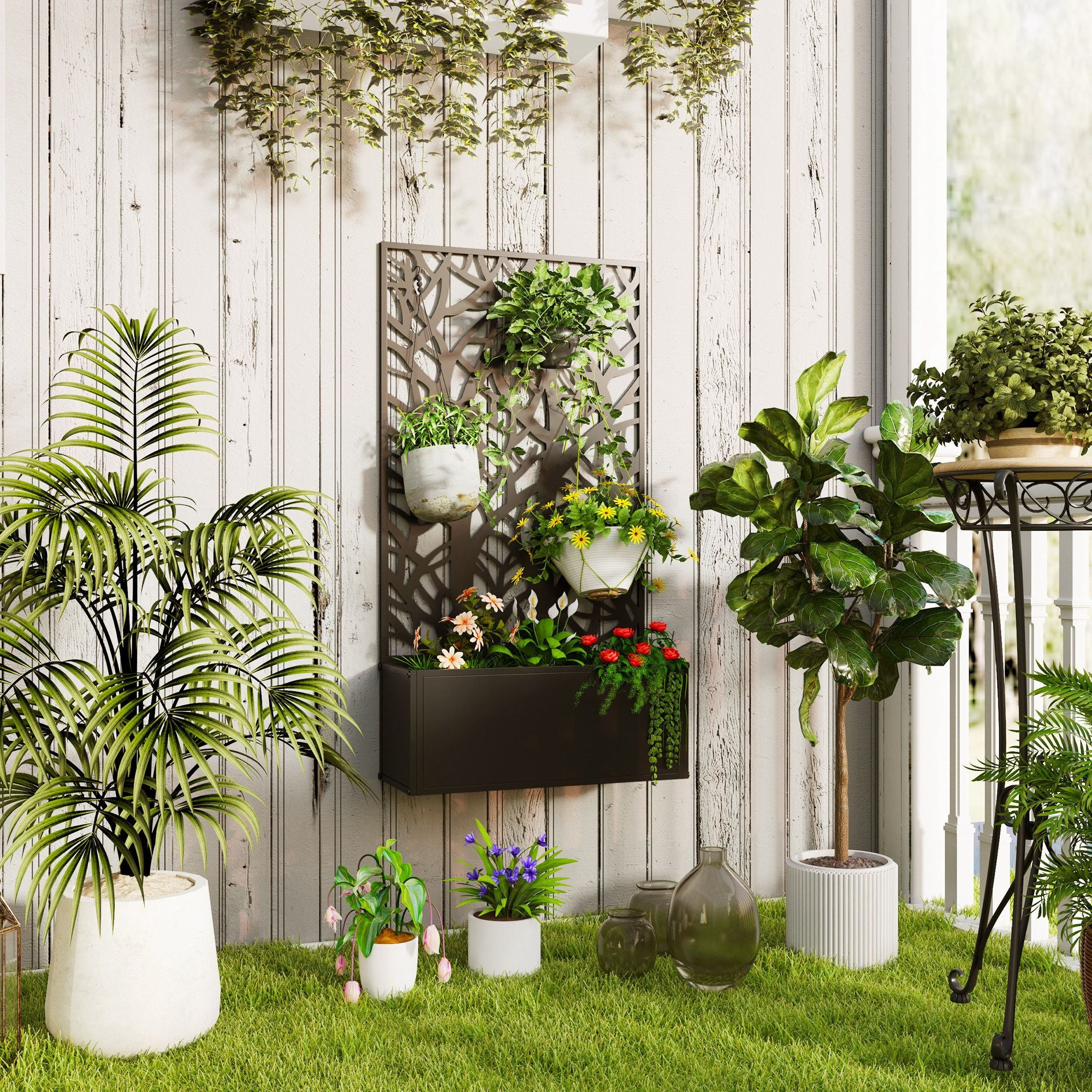 Outsunny Raised Garden Bed with Trellis Privacy Panel, Black