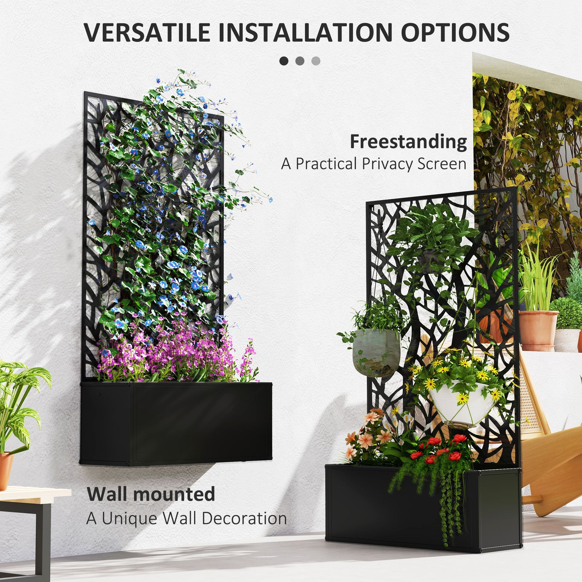 Outsunny Raised Garden Bed with Trellis Privacy Panel, Black