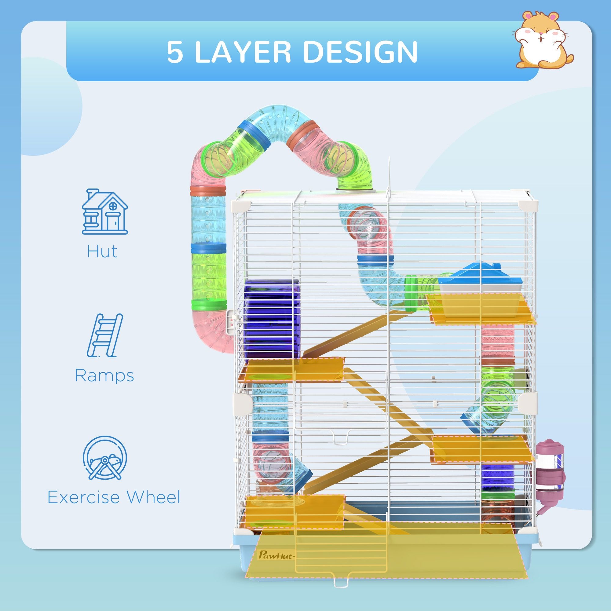 PawHut 5-Tier Hamster Cage with Travel Carrier and Accessories, Light Blue - product view 6