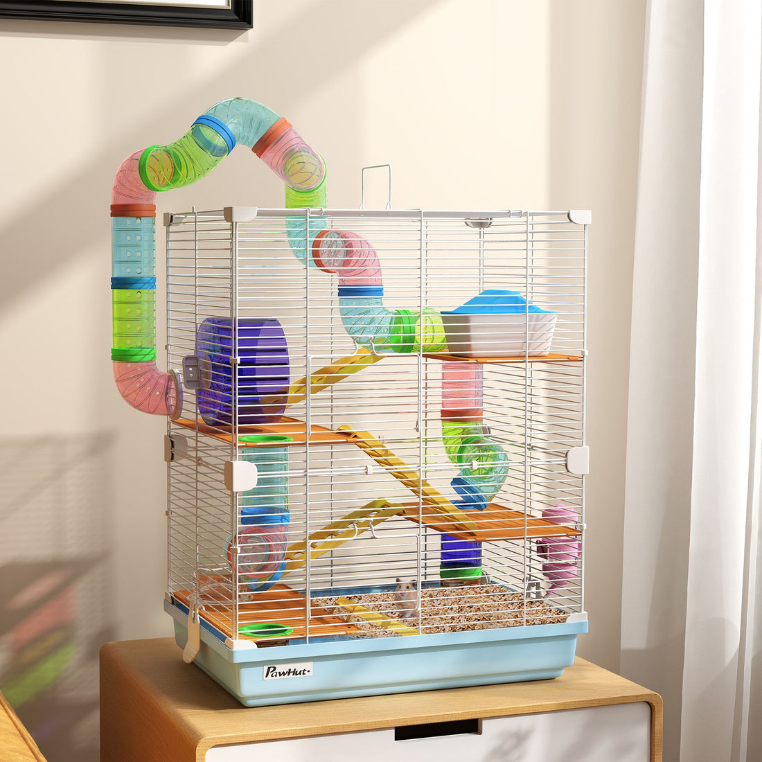 PawHut 5-Tier Hamster Cage with Travel Carrier and Accessories, Light Blue - product view 1