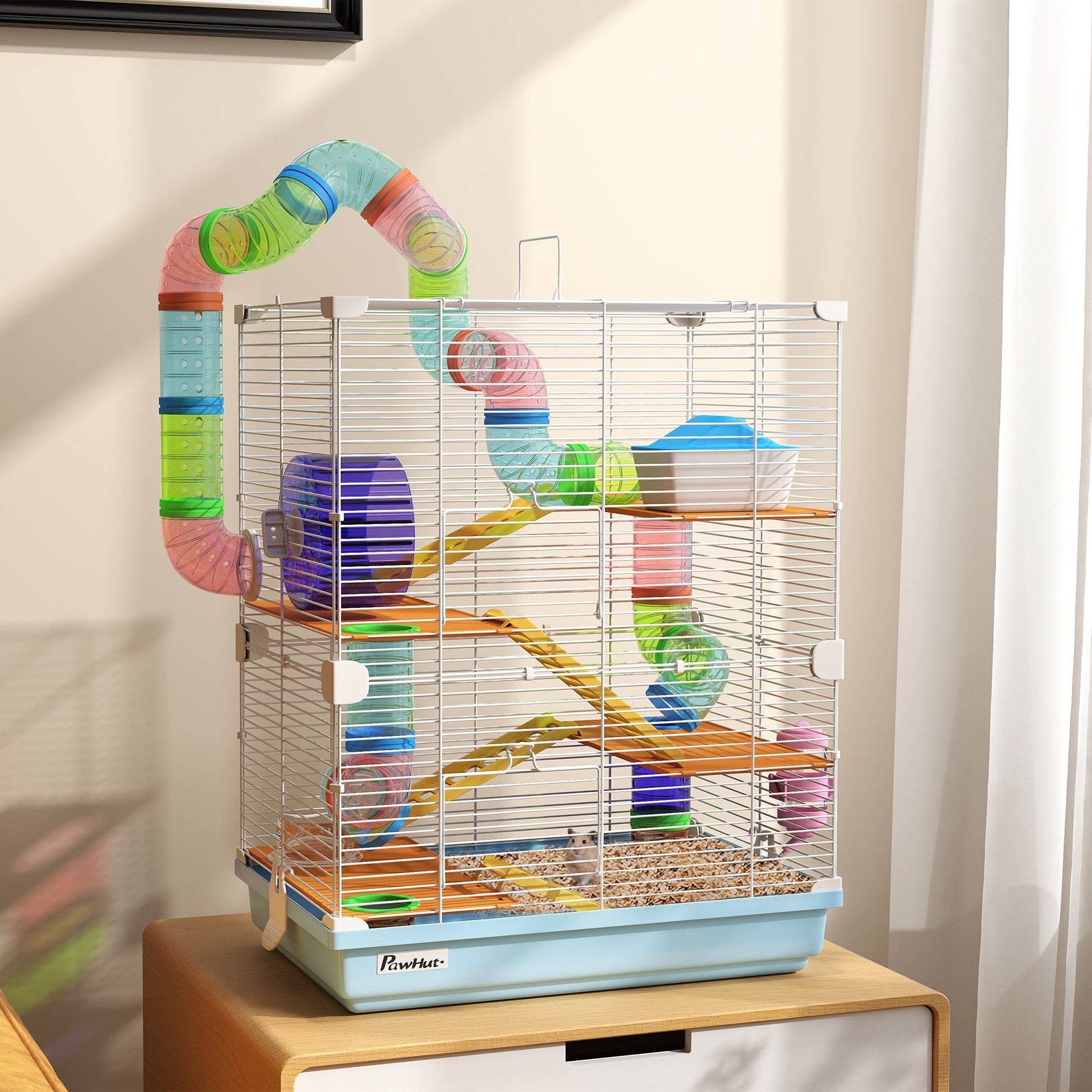 PawHut 5-Tier Hamster Cage with Travel Carrier and Accessories, Light Blue - product view 2