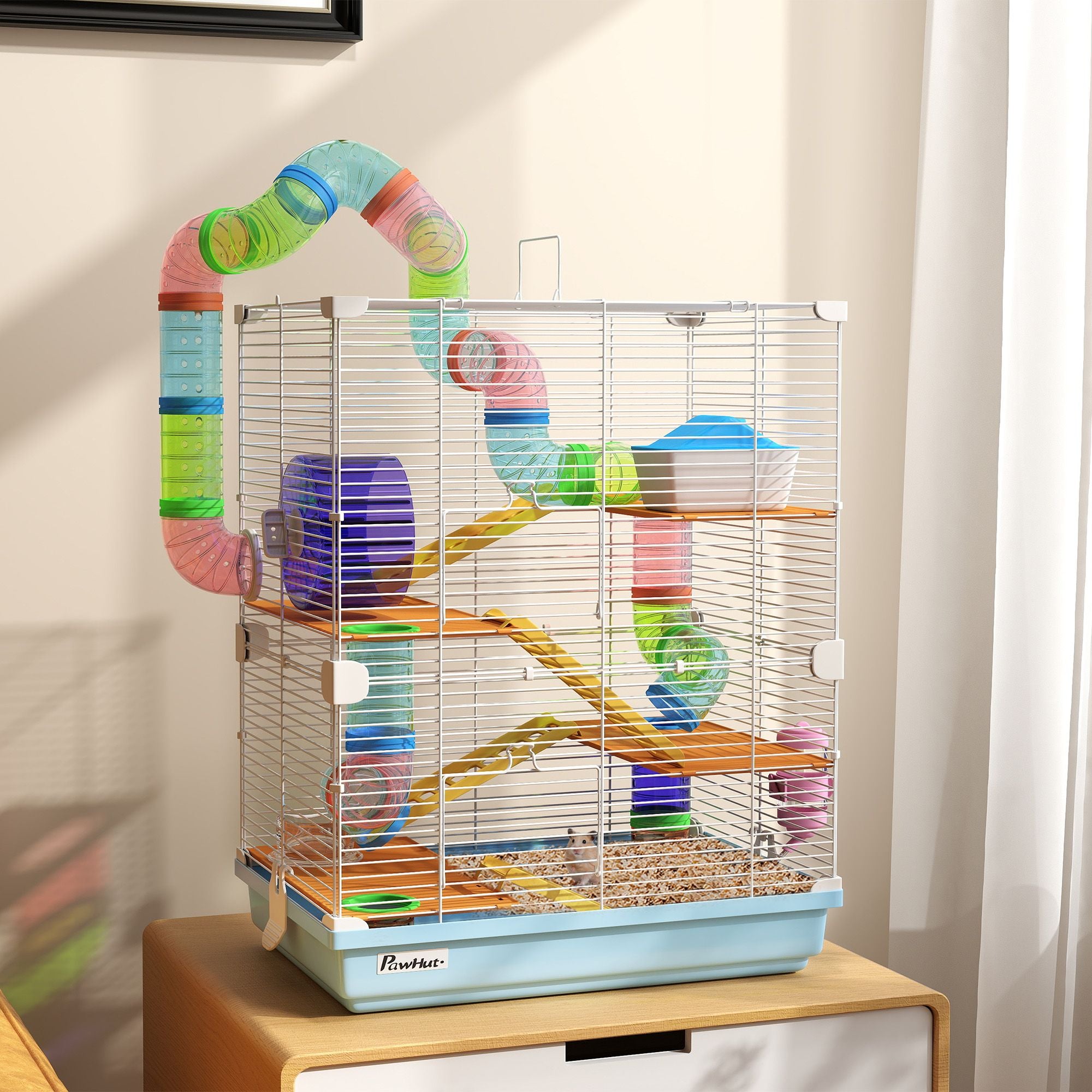 PawHut 5-Tier Hamster Cage with Travel Carrier and Accessories, Light Blue - product view 2