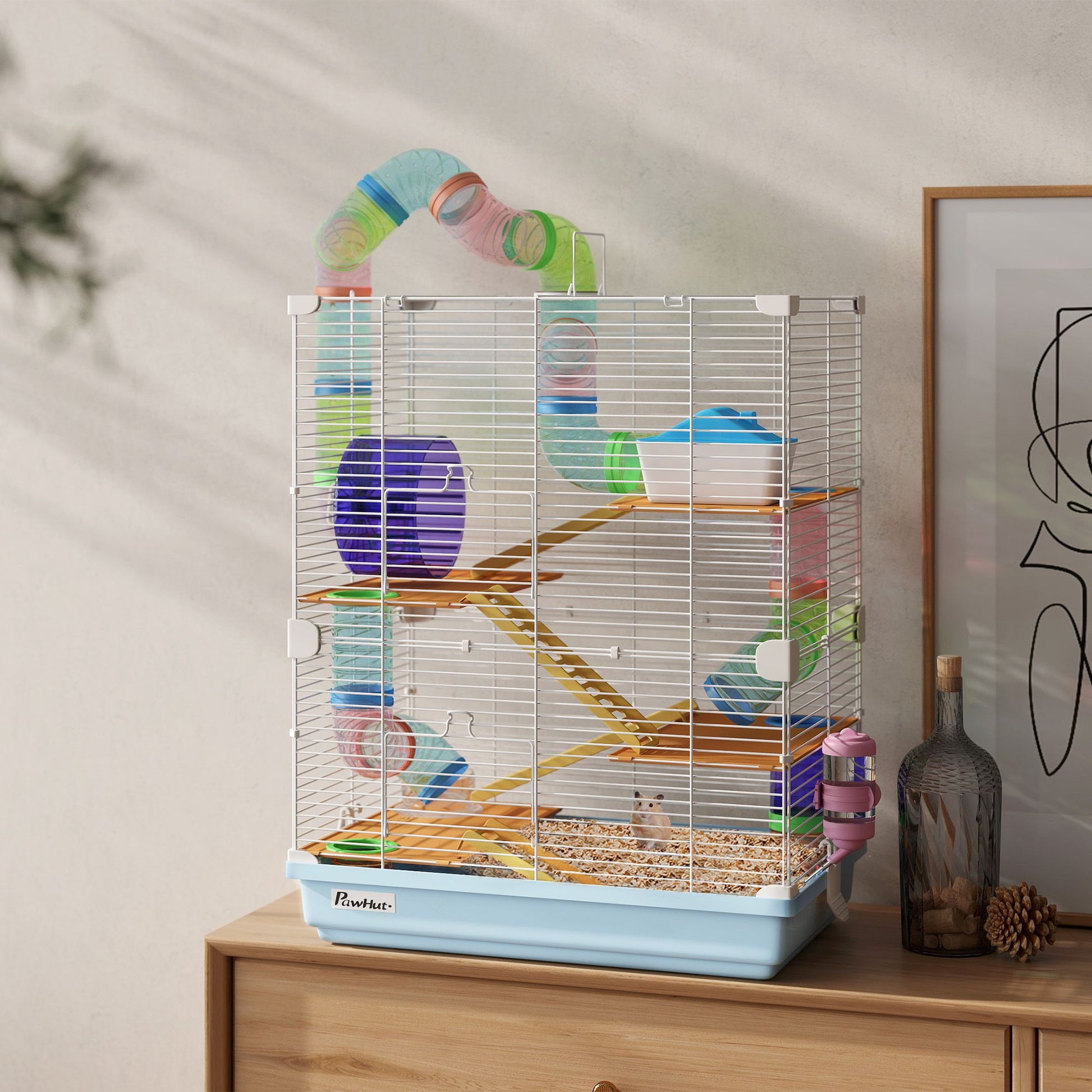 PawHut 5-Tier Hamster Cage with Travel Carrier and Accessories, Light Blue - product view 10