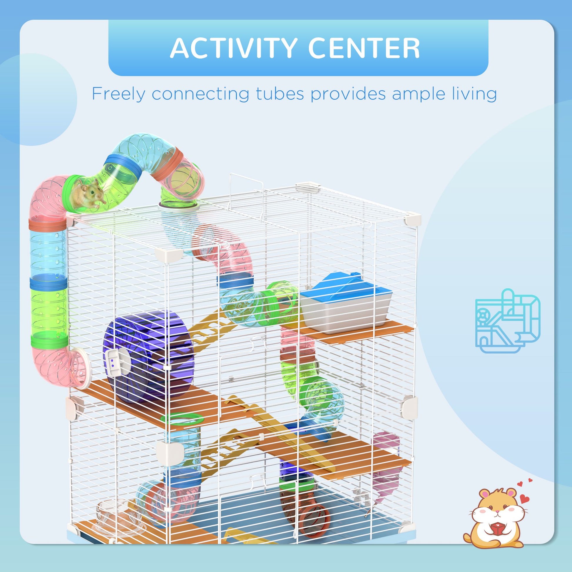 PawHut 5-Tier Hamster Cage with Travel Carrier and Accessories, Light Blue - product view 4