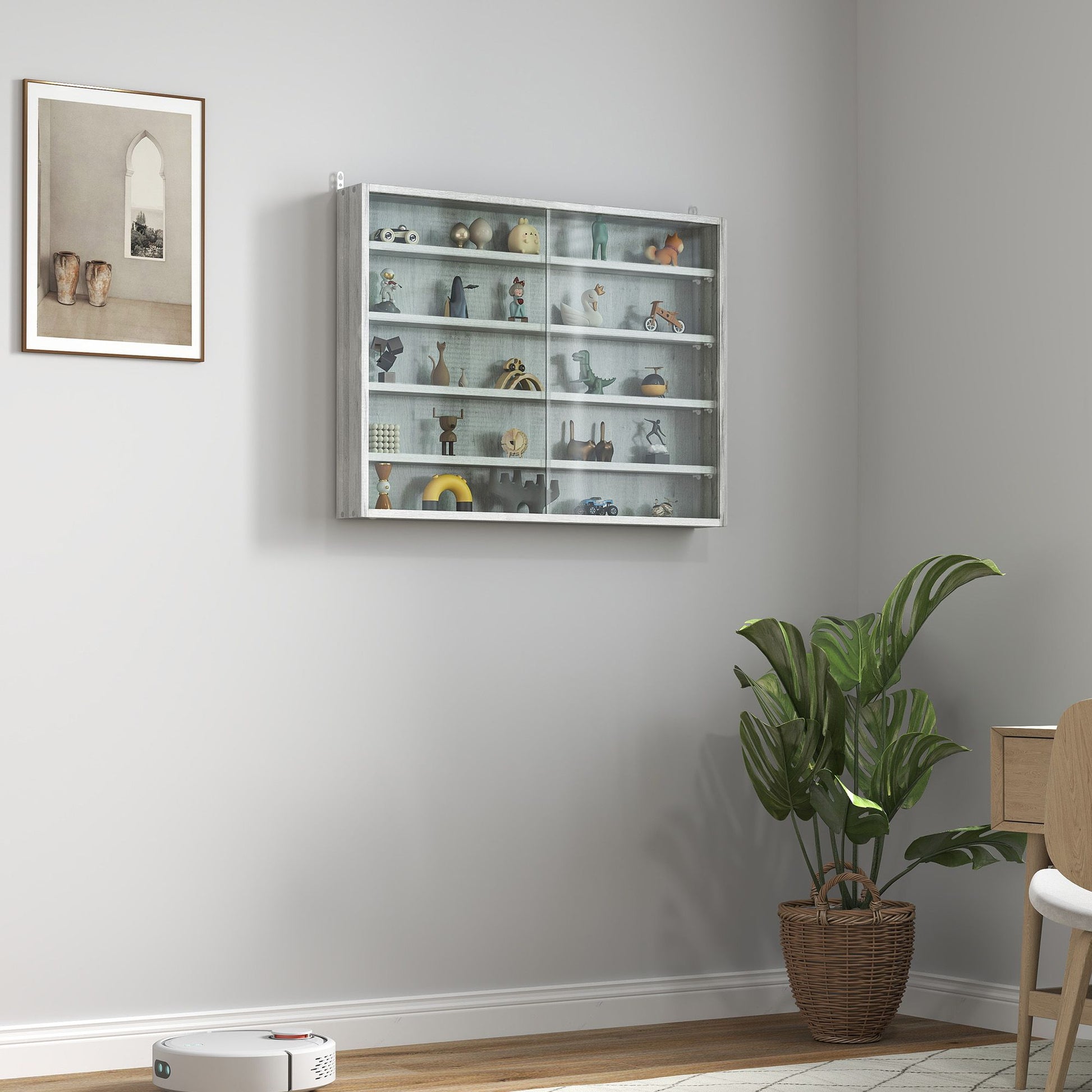HOMCOM 5-Tier Wall-Mounted Glass Display Cabinet, Gray