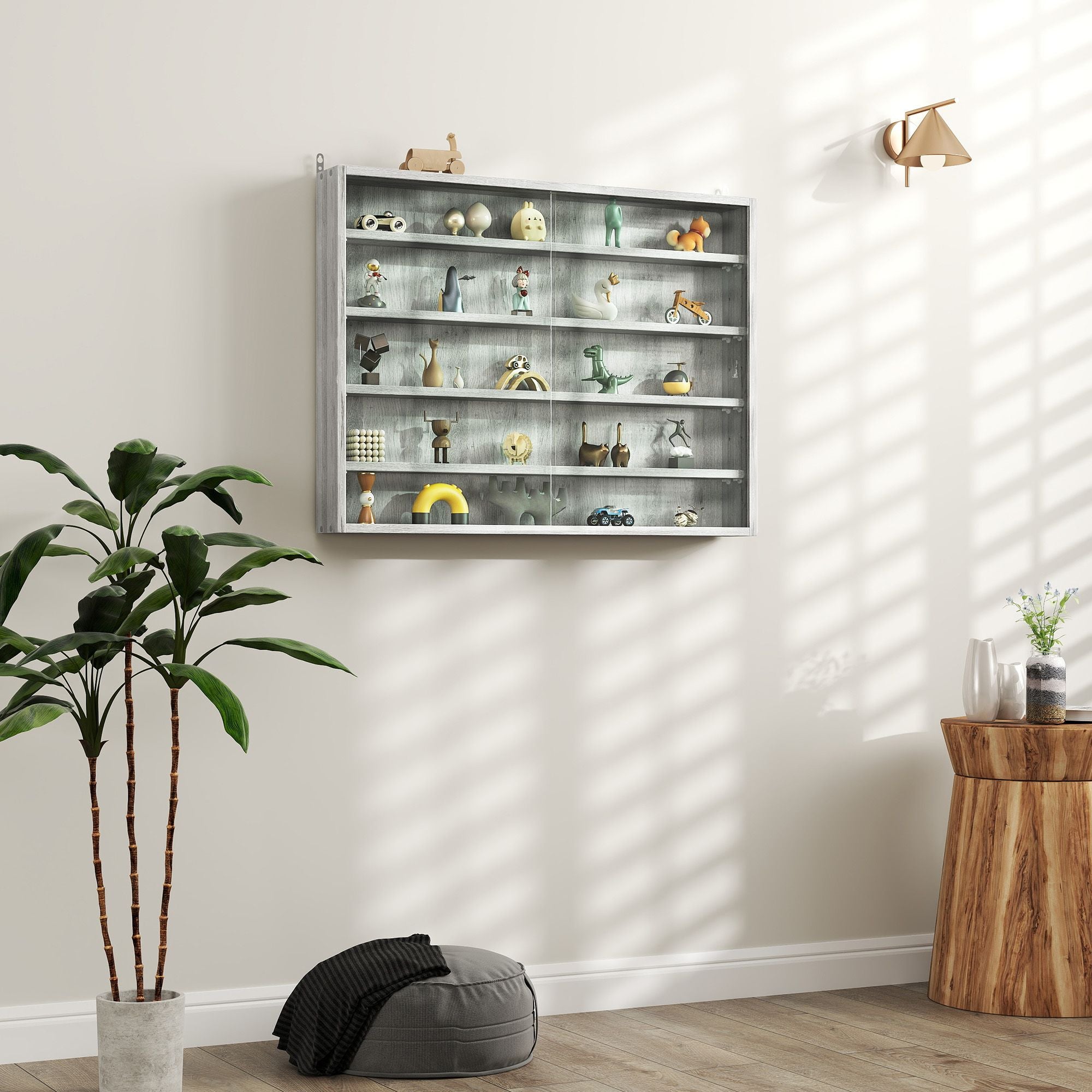 HOMCOM 5-Tier Wall-Mounted Glass Display Cabinet, Gray