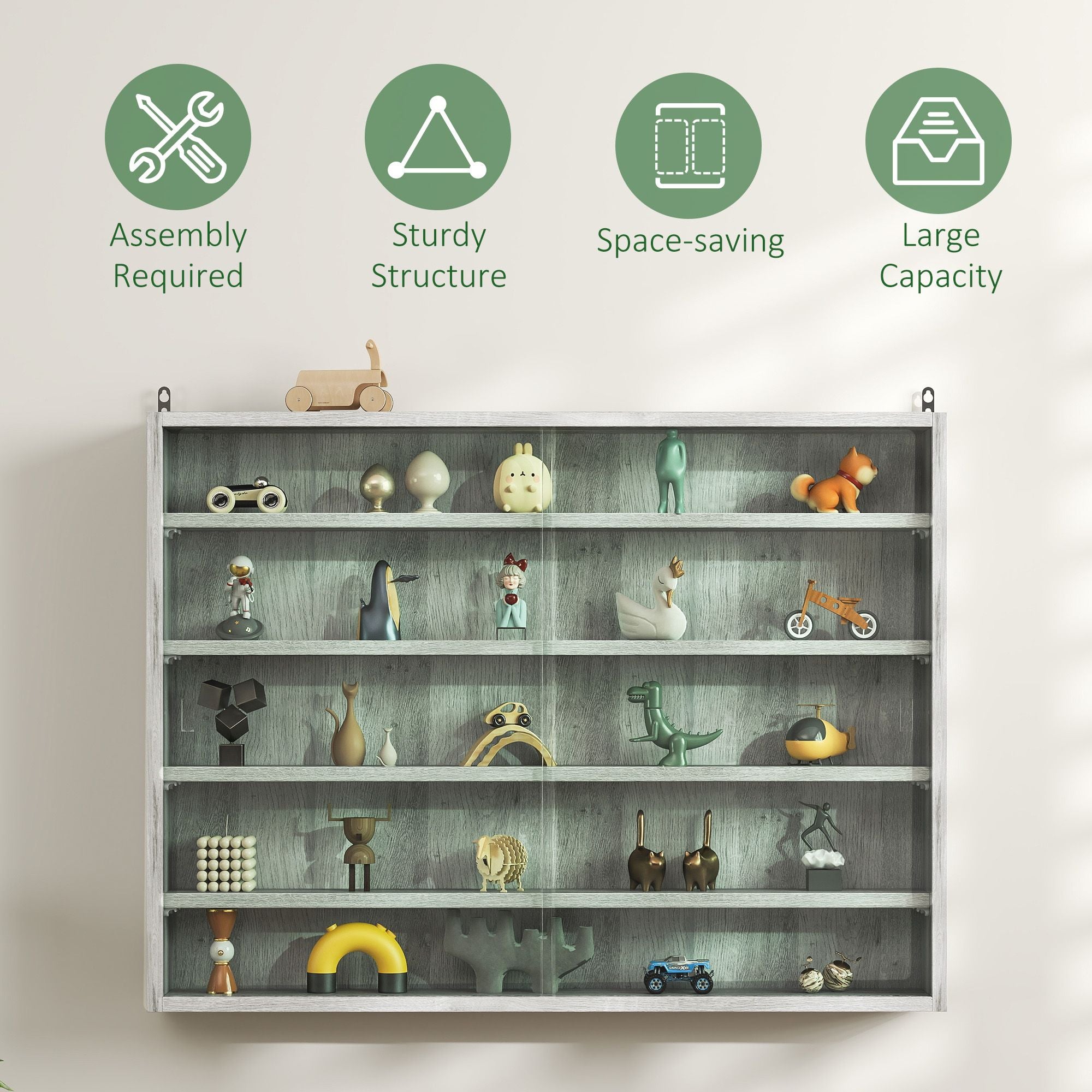 HOMCOM 5-Tier Wall-Mounted Glass Display Cabinet, Gray