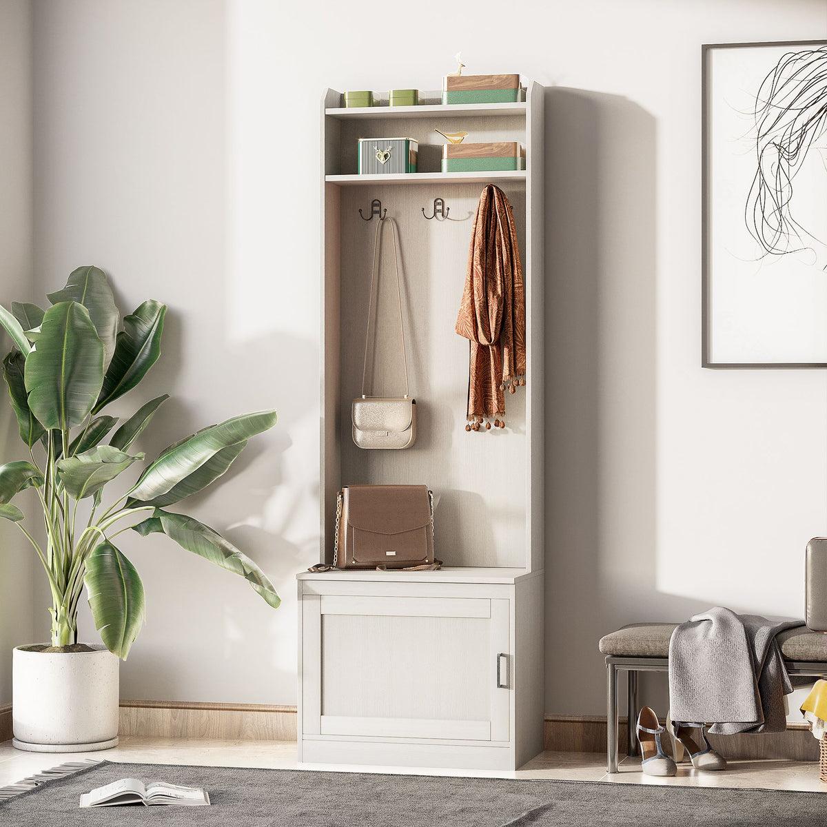 White Rustic Hall Tree Bench Entryway Coat Rack Shoe Storage Accent Furniture for Hallway Mudroom - product view 10
