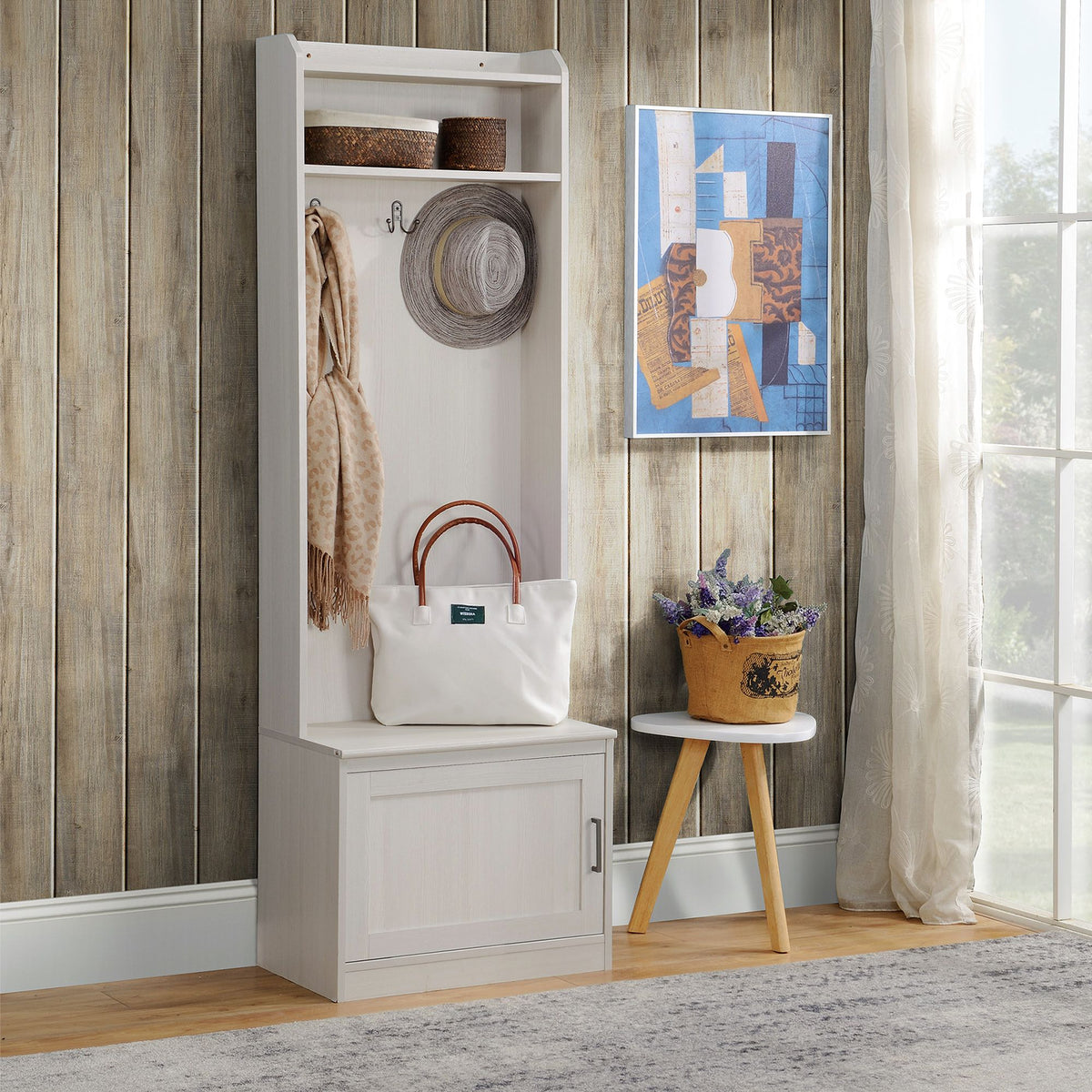 White Rustic Hall Tree Bench Entryway Coat Rack Shoe Storage Accent Furniture for Hallway Mudroom - product view 9