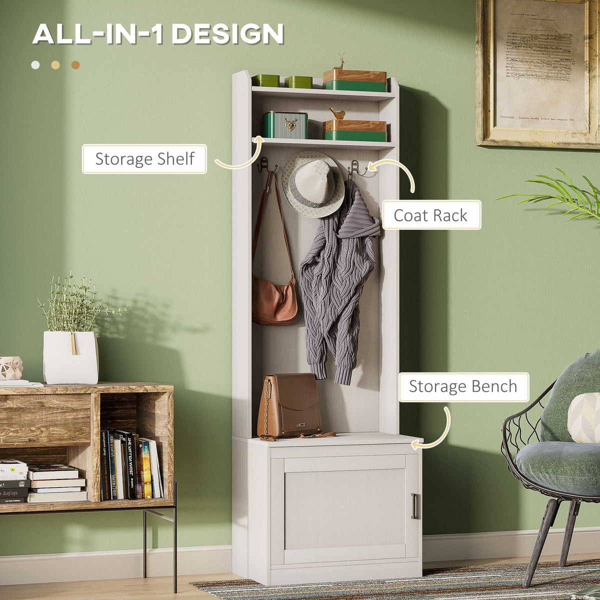 White Rustic Hall Tree Bench Entryway Coat Rack Shoe Storage Accent Furniture for Hallway Mudroom - product view 4