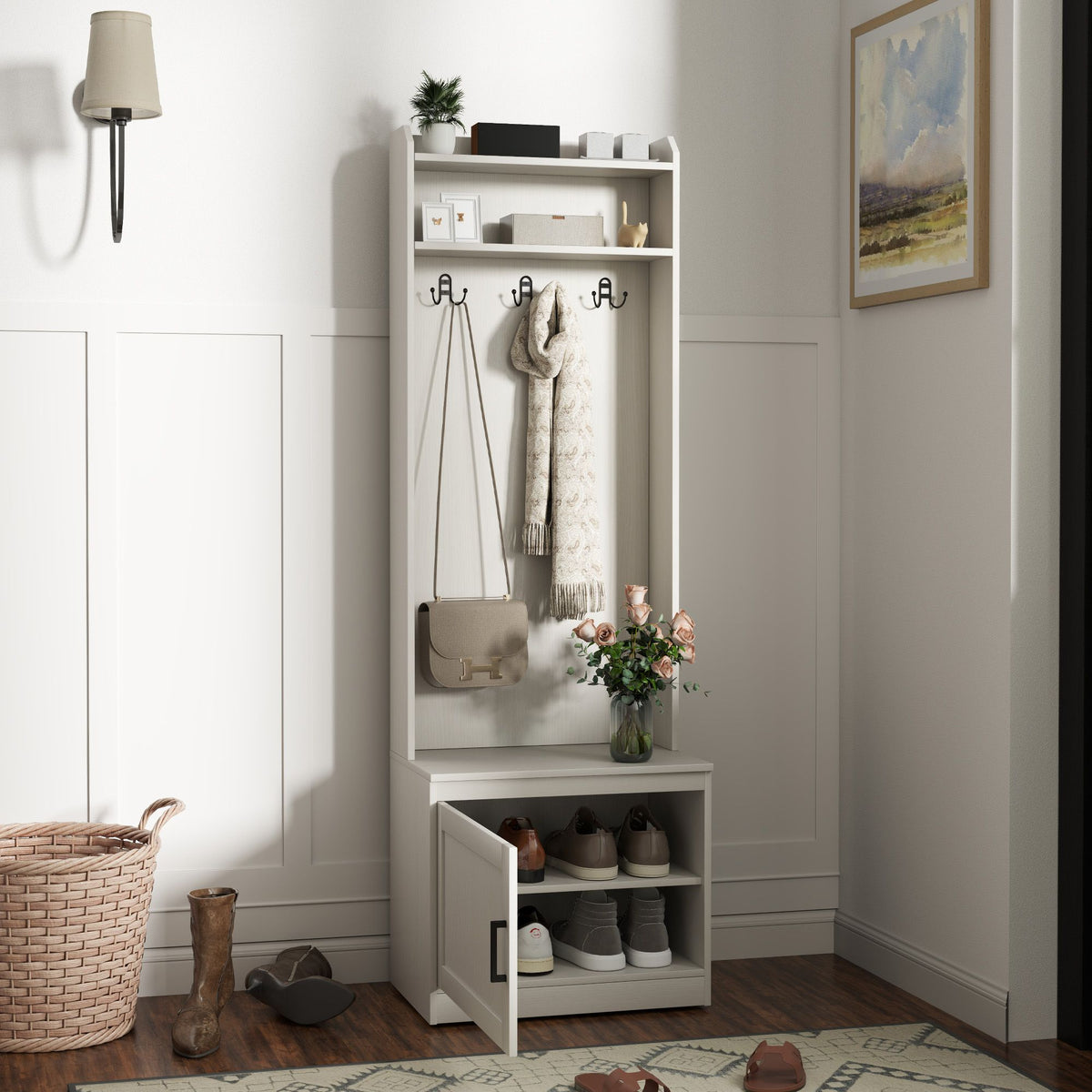 White Rustic Hall Tree Bench Entryway Coat Rack Shoe Storage Accent Furniture for Hallway Mudroom - product view 2