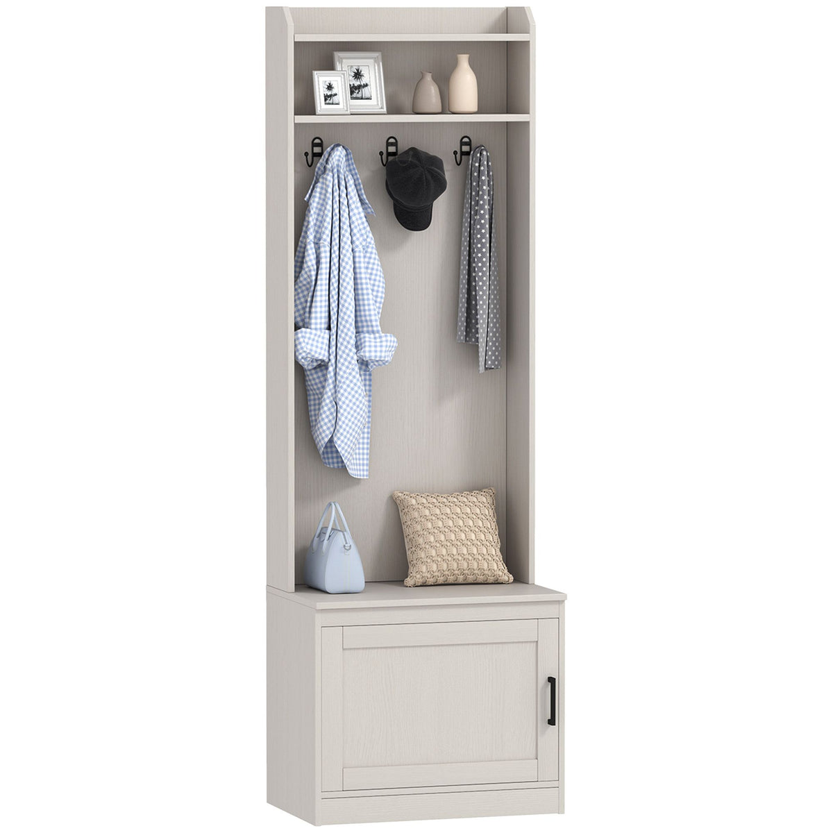White Rustic Hall Tree Bench Entryway Coat Rack Shoe Storage Accent Furniture for Hallway Mudroom