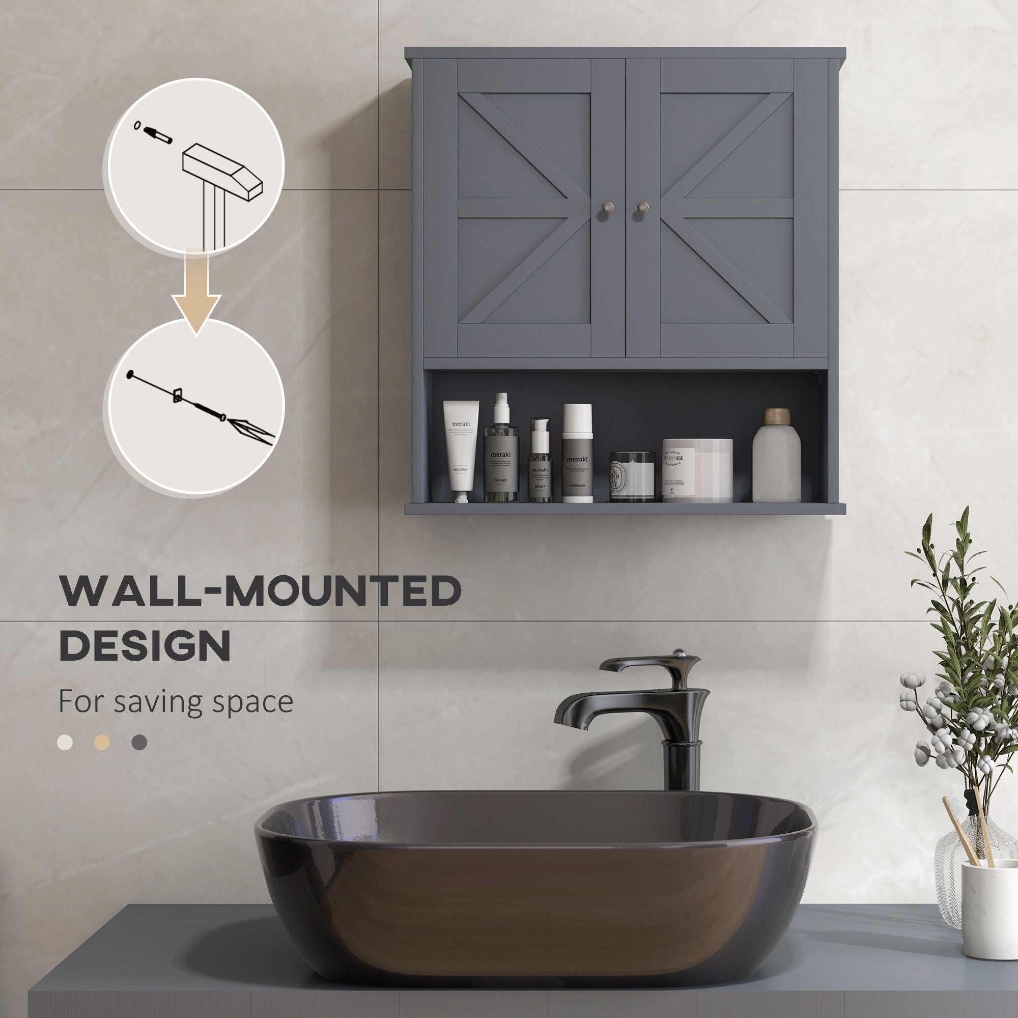 HOMCOM Farmhouse Wall-Mounted Bathroom Medicine Cabinet, Gray